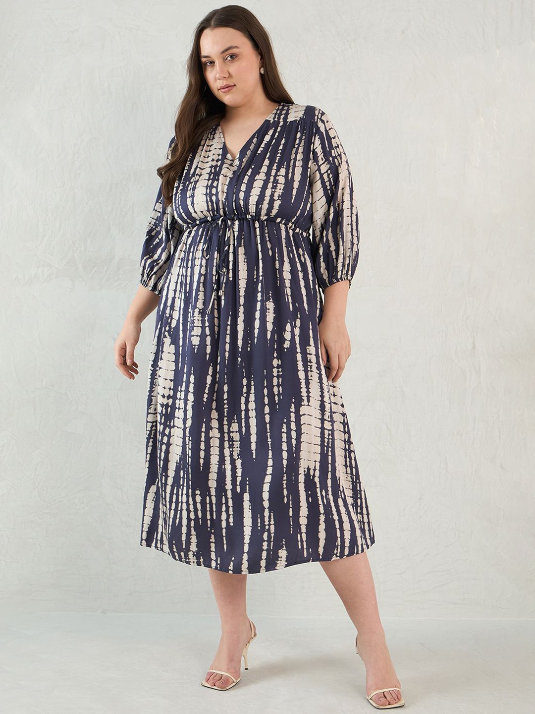 

FEMMELLA Floral Print Puff Sleeve A-Line Midi Dress, Navy blue