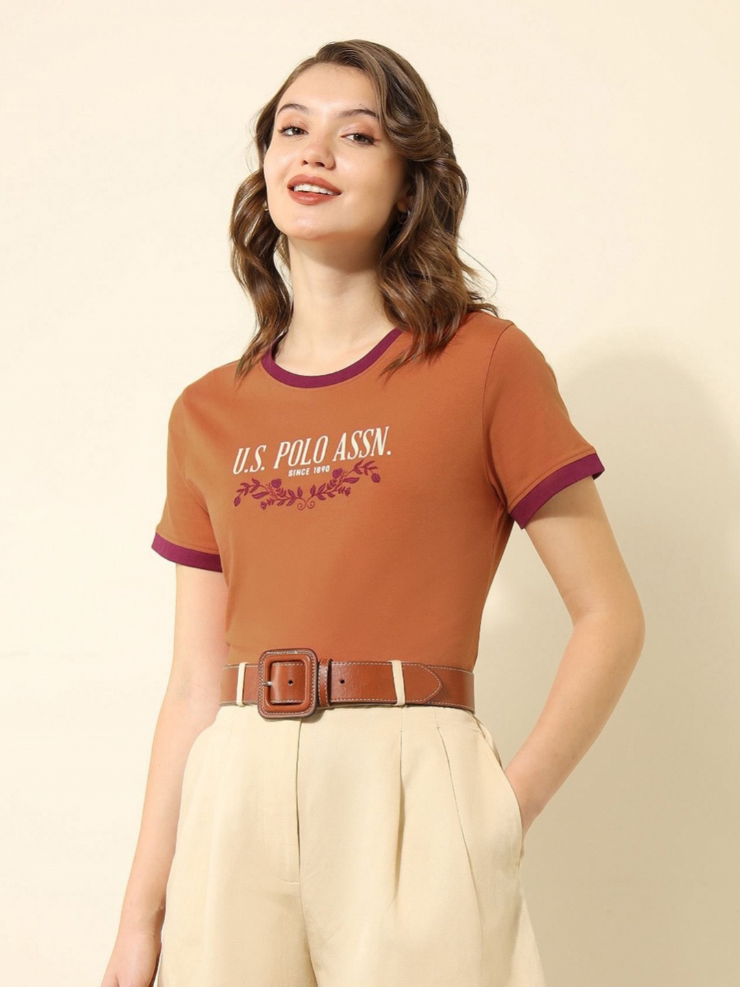 

U.S. Polo Assn. Women Floral Printed Round Neck Regular Fit Cotton T-shirt, Brown