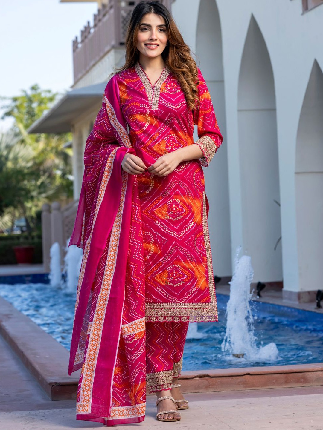 

KALINI Bandhani Printed Sequinned Pure Cotton Straight Kurta With Trousers & Dupatta, Pink