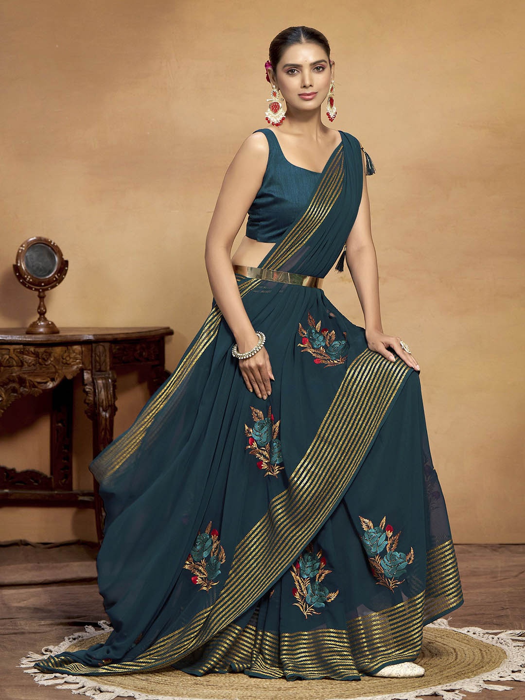 

Sangria Woven Design Embroidered Saree With Blouse Piece, Green