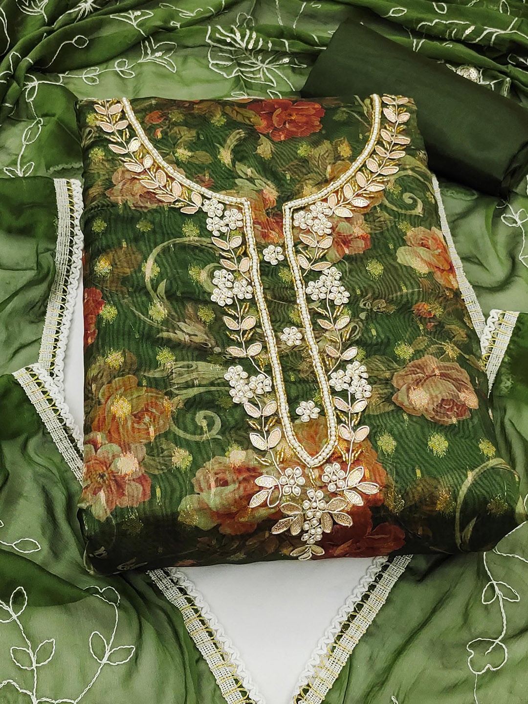 

SAINOOR Floral Printed Beads Work Organza Banarasi Unstitched Dress Material, Green
