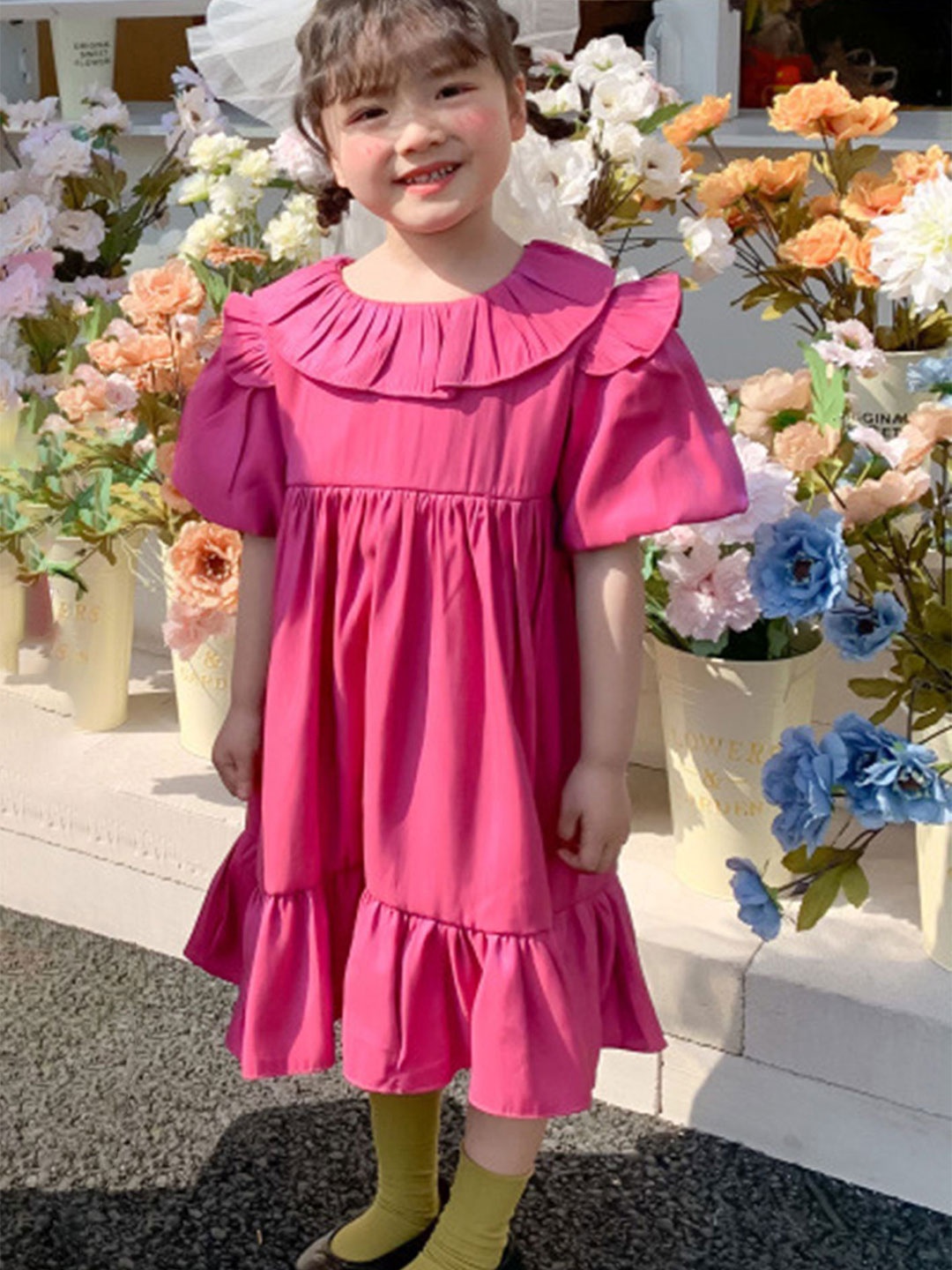 

LULU & SKY Girl Puff Sleeves Ruffles Tiered Empire Midi Dress, Pink