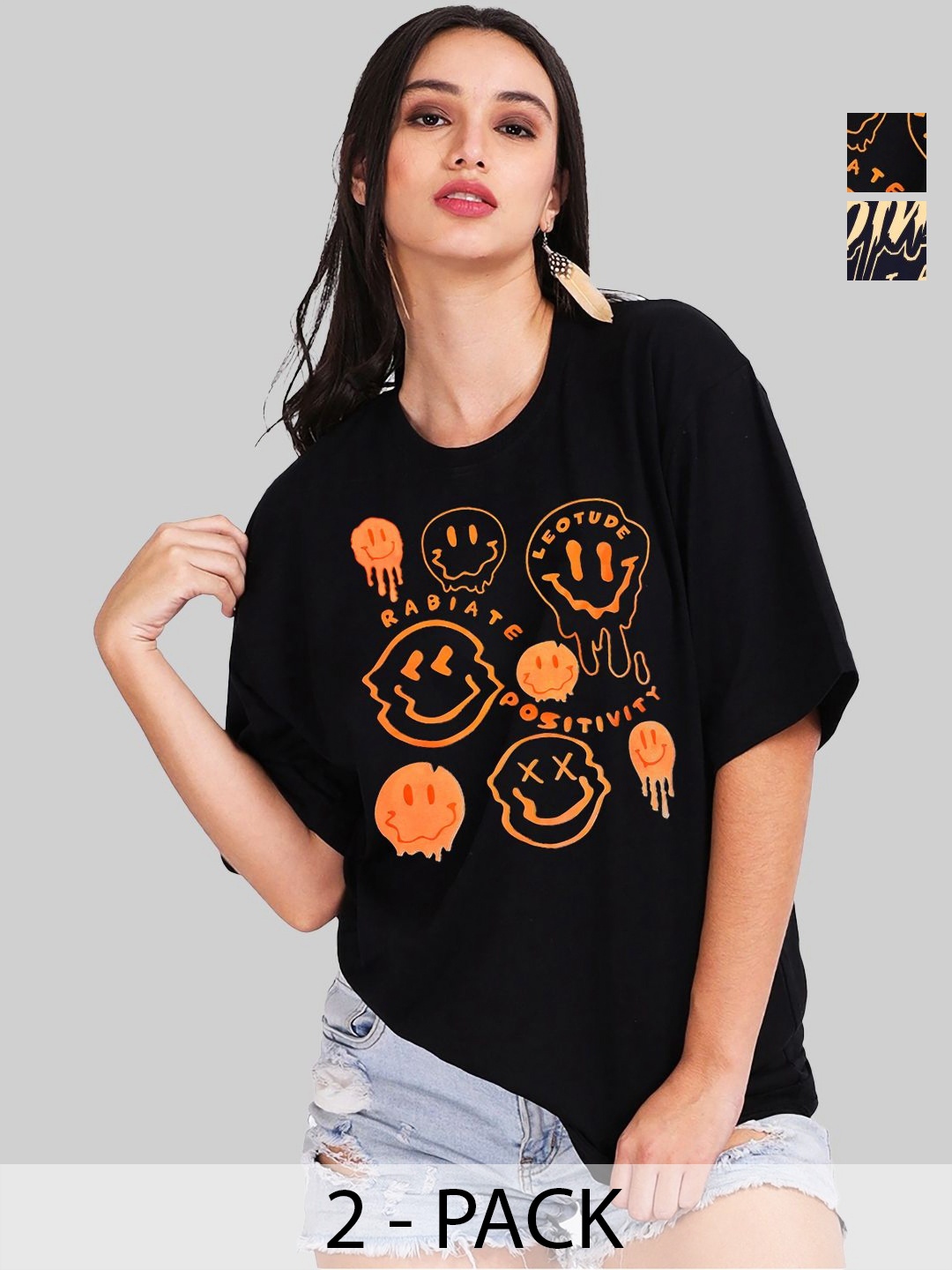 

Leotude Women Pack Of 2 Graphic Printed Round Neck Cotton Oversized T-shirts, Black
