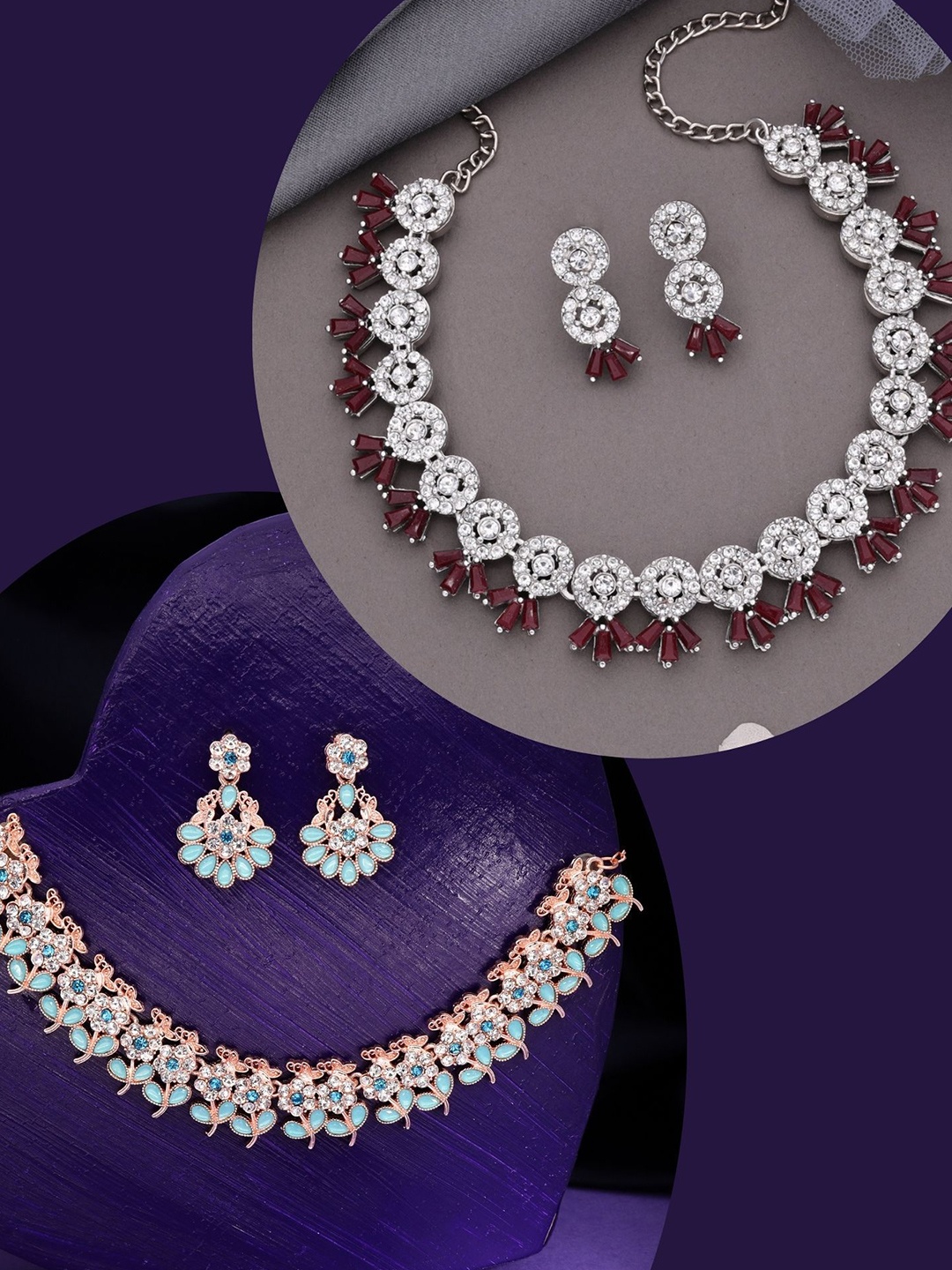 

DIVASTRI Set Of 2 Rose Gold & Silver-Plated American Diamonds Studded Jewellery Set