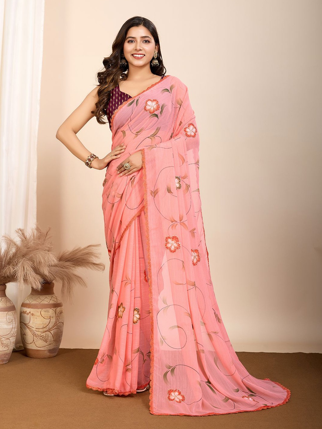 

Iris Floral Embroidered Pure Georgette Saree, Peach