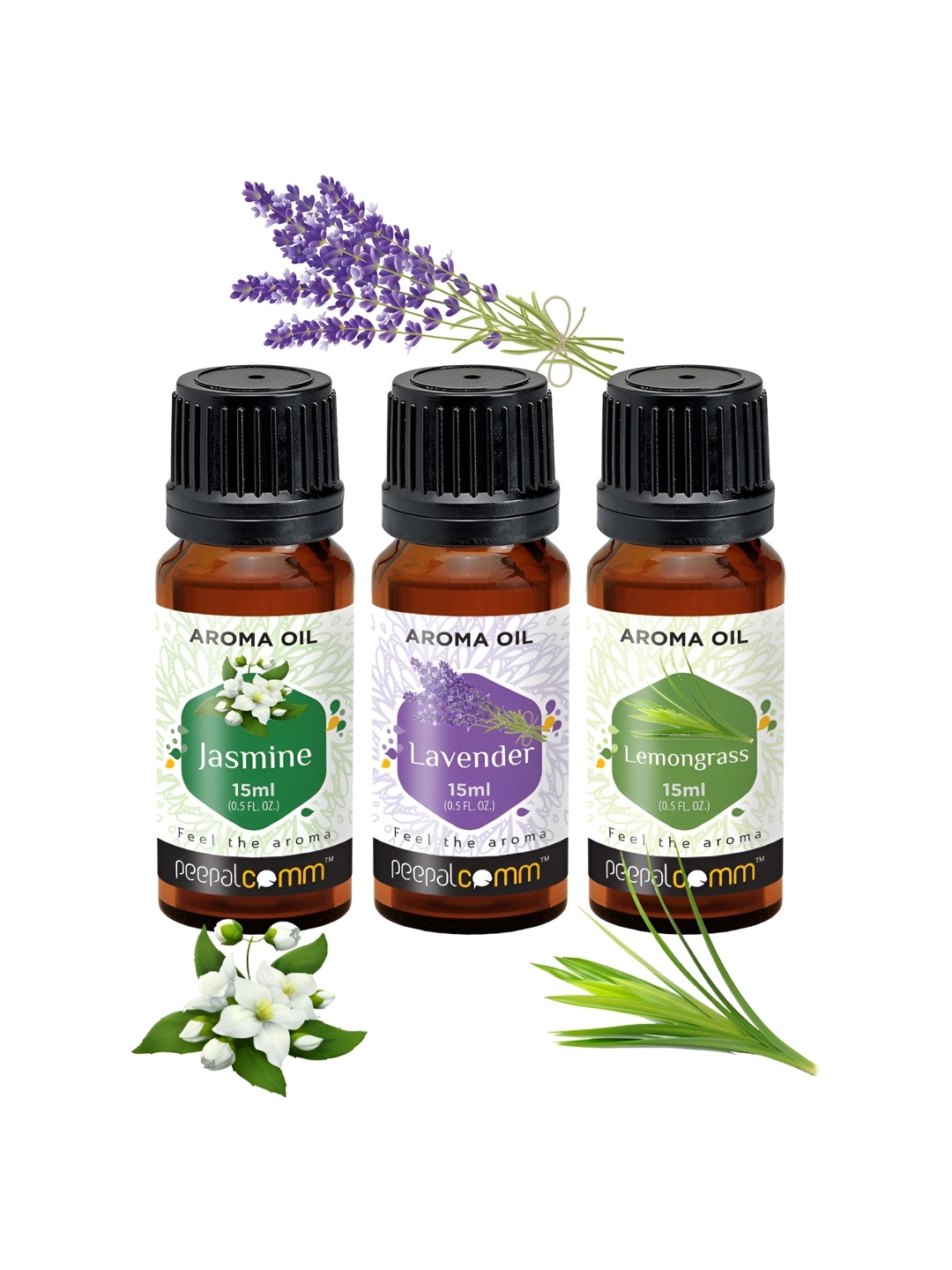 

PEEPALCOMM 3-Pcs Black Jasmine Lavender & Lemongrass Aroma Oils - 15 ml