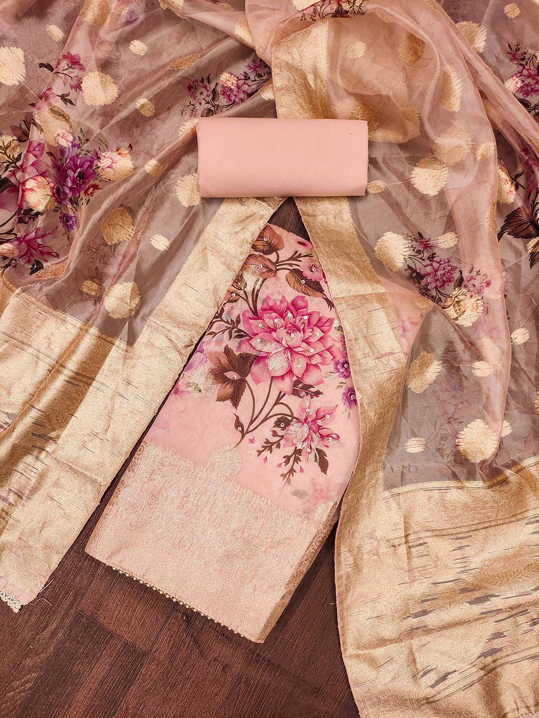 

SAINOOR Zari Floral Woven Design Organza Semi-Stitched Dress Material, Peach