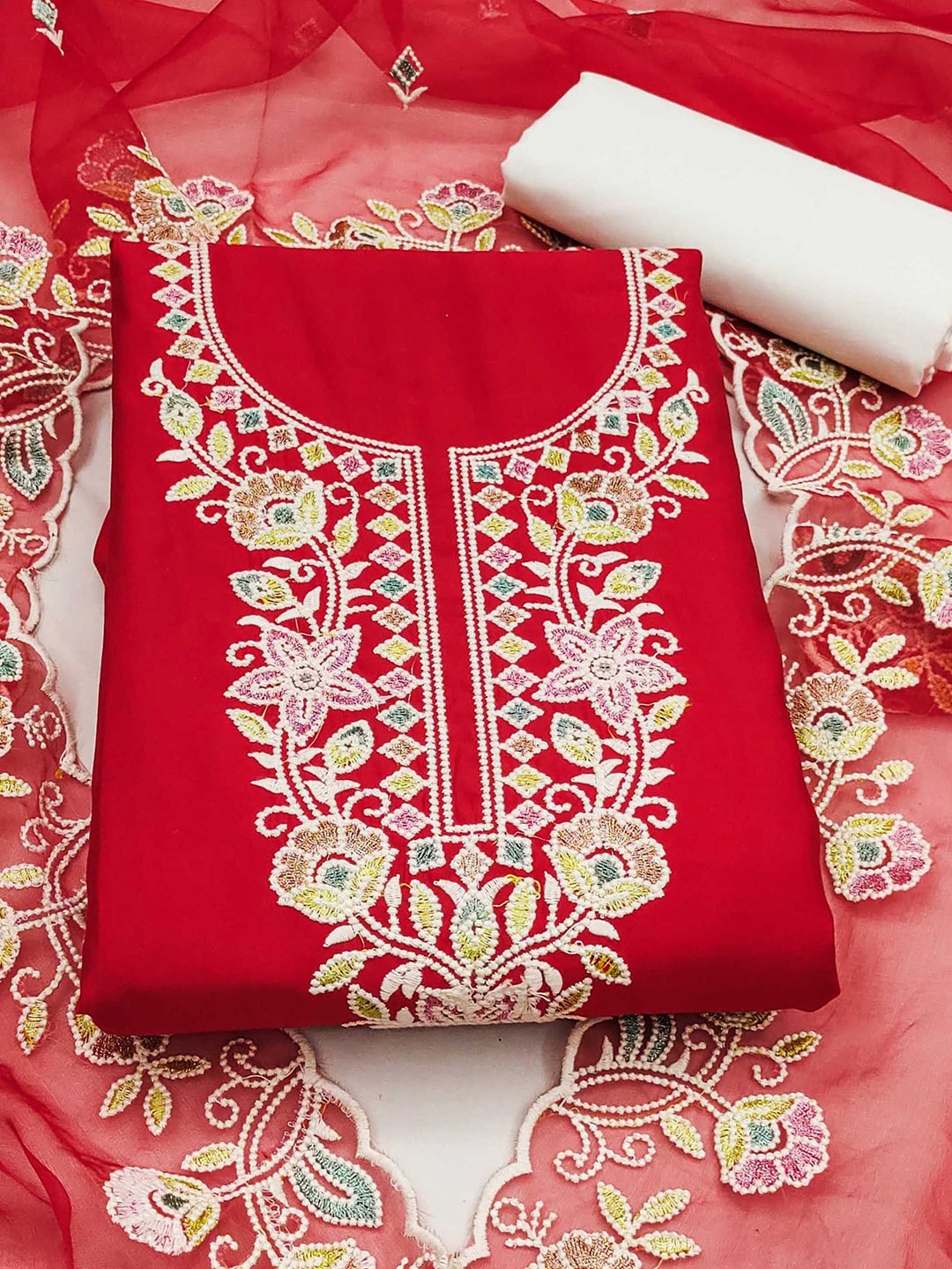 

SAINOOR Floral Embroidered Thread Work Semi-Stitched Dress Material, Red