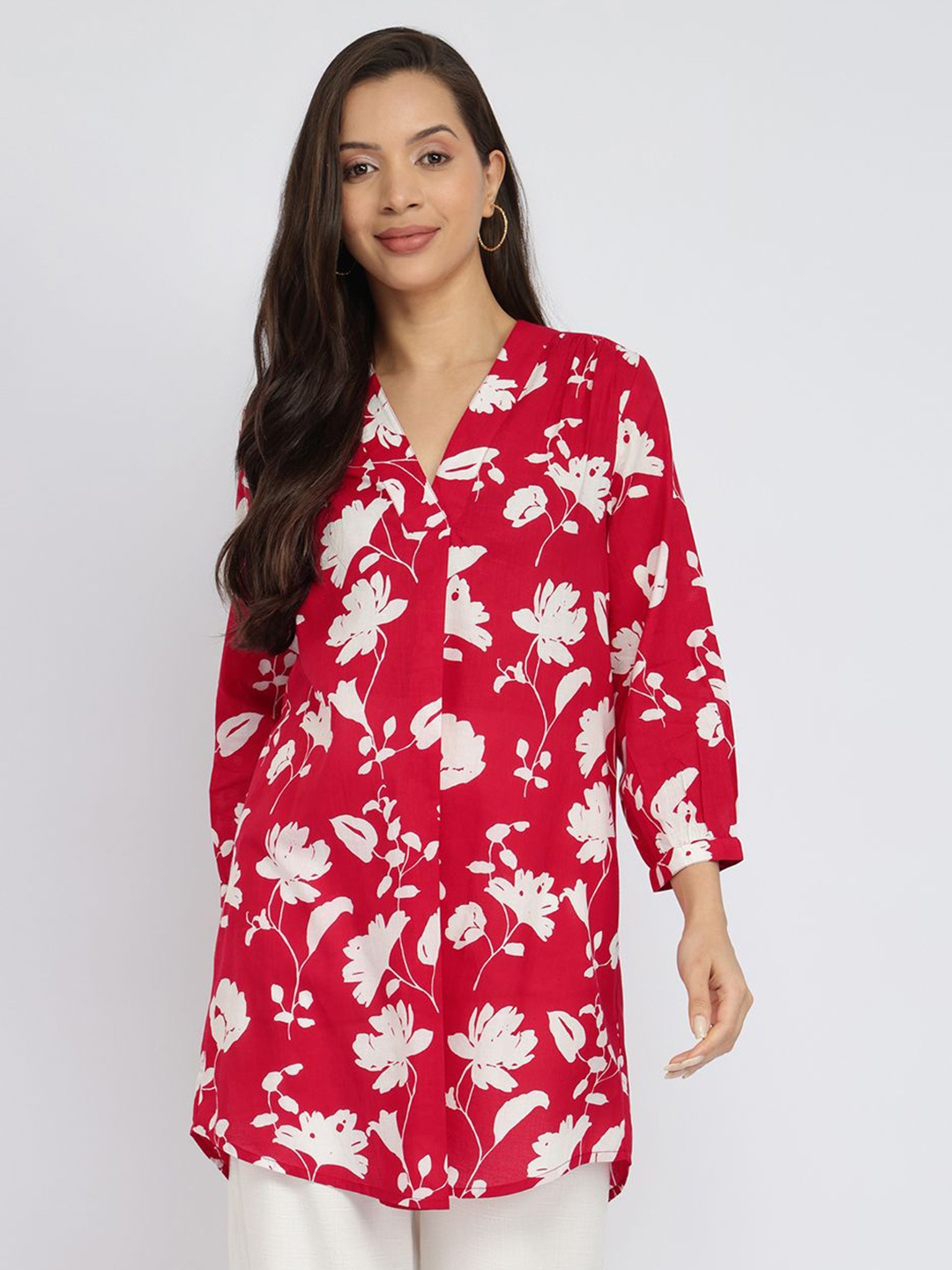 

Pink Fort Floral Print Cotton Top, Red