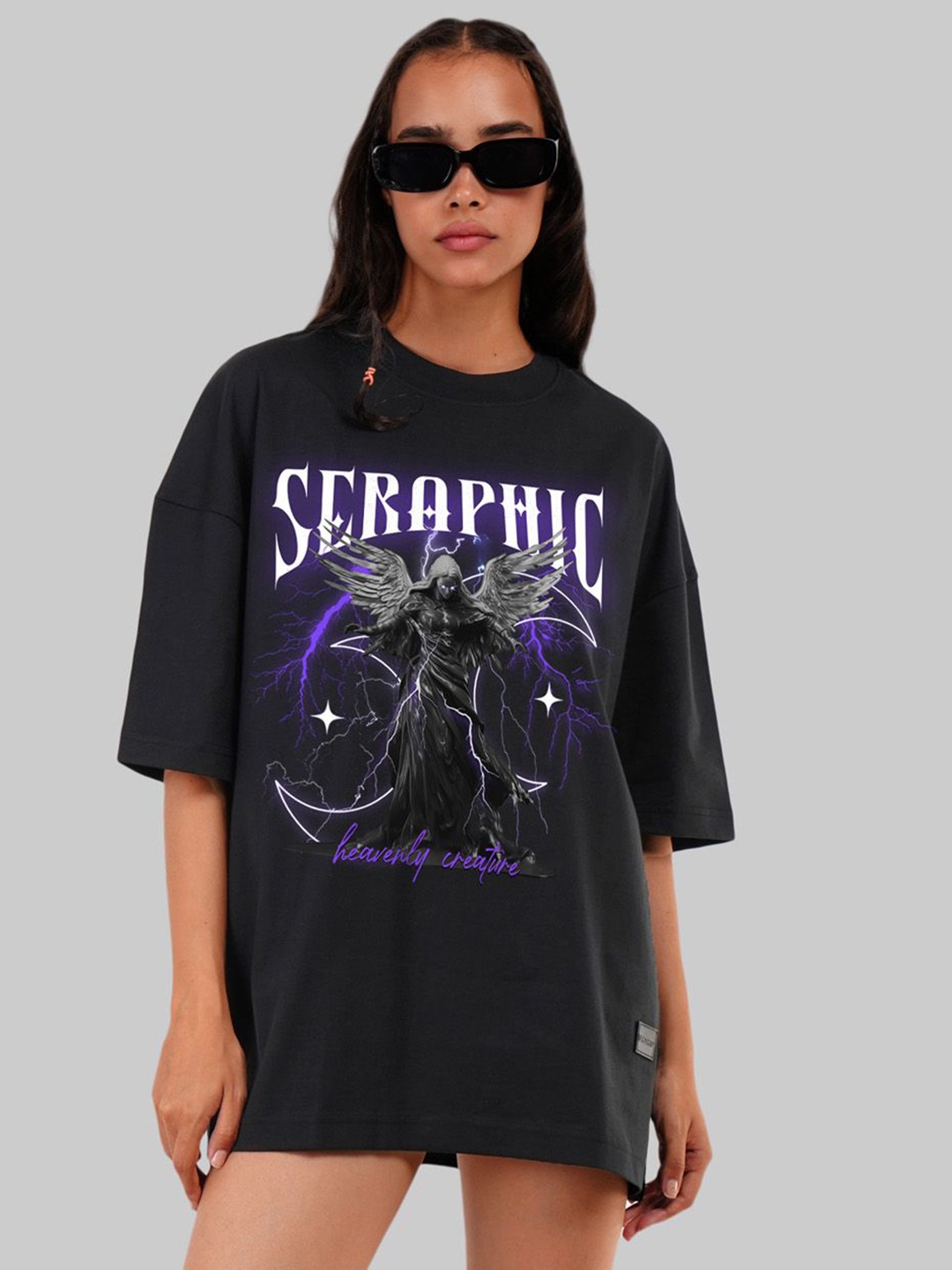 

Underrated Club Women Bio Finish Graphic Printed Round Neck Cotton Oversized T-shirt, Black