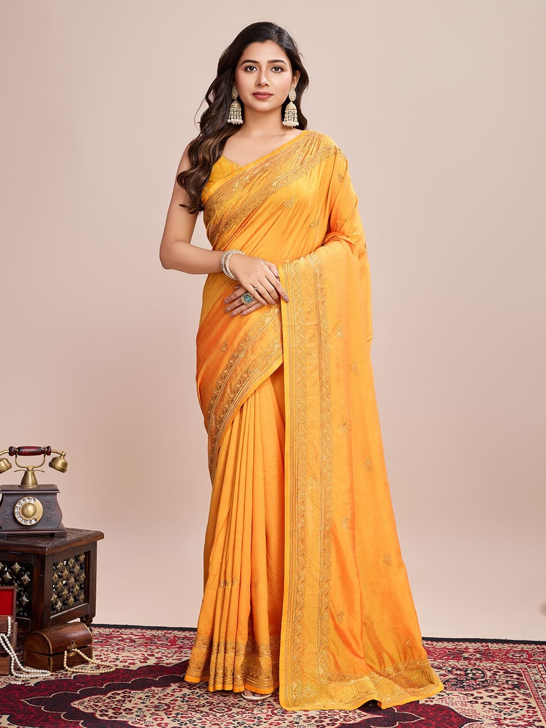 

ORUS Embellished Embroidered Silk Blend Saree, Mustard