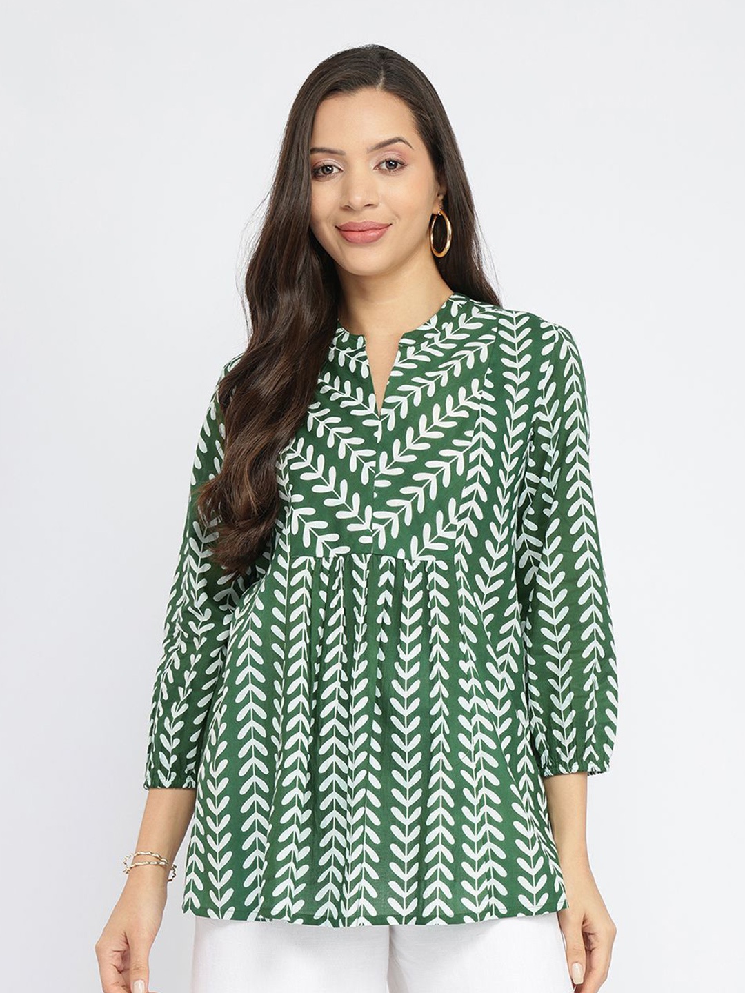 

Pink Fort Floral Print Mandarin Collar Cotton Top, Green
