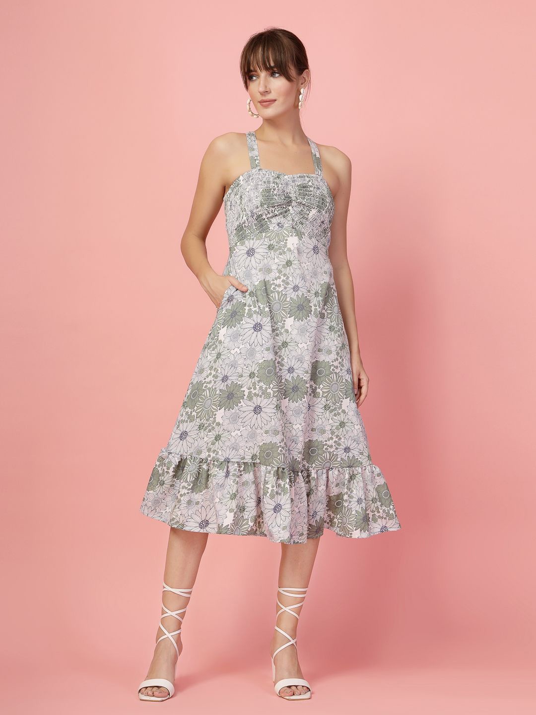

DressBerry Floral Print Crepe A-Line Midi Dress, Green