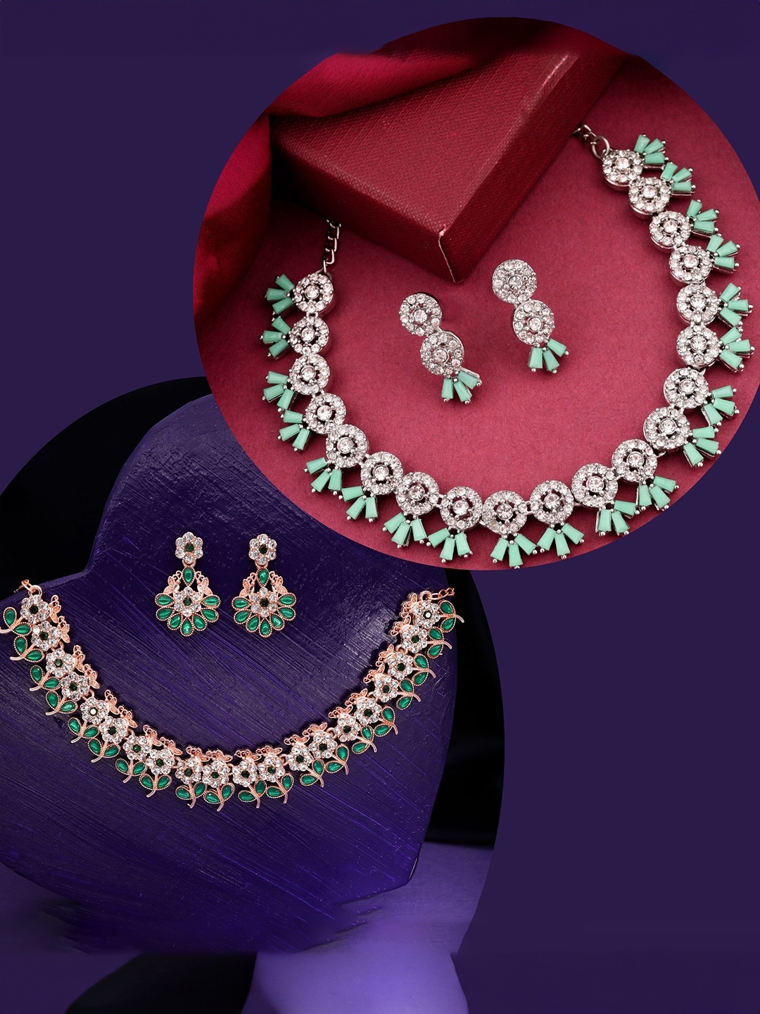 

DIVASTRI Pahal Set Of 2 Silver-Plated & Rose Gold-Plated AD Studded Jewellery Set