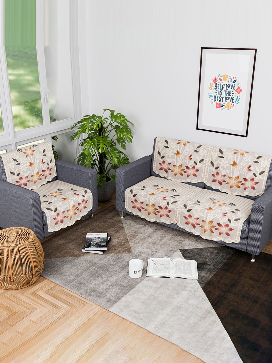 

Kuber Industries Brown & White 6 Pieces Floral Printed Cotton 3 Seater Sofa Covers