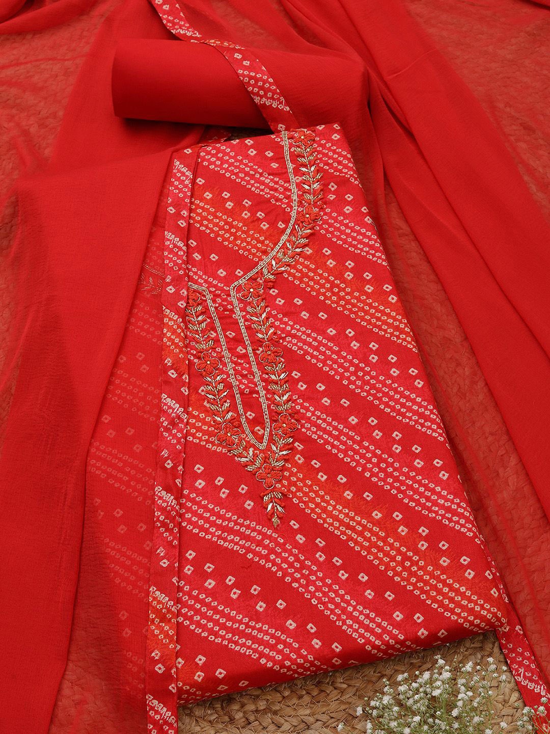 

Soch Bandhani Printed Beads and Stones Unstitched Dress Material, Red