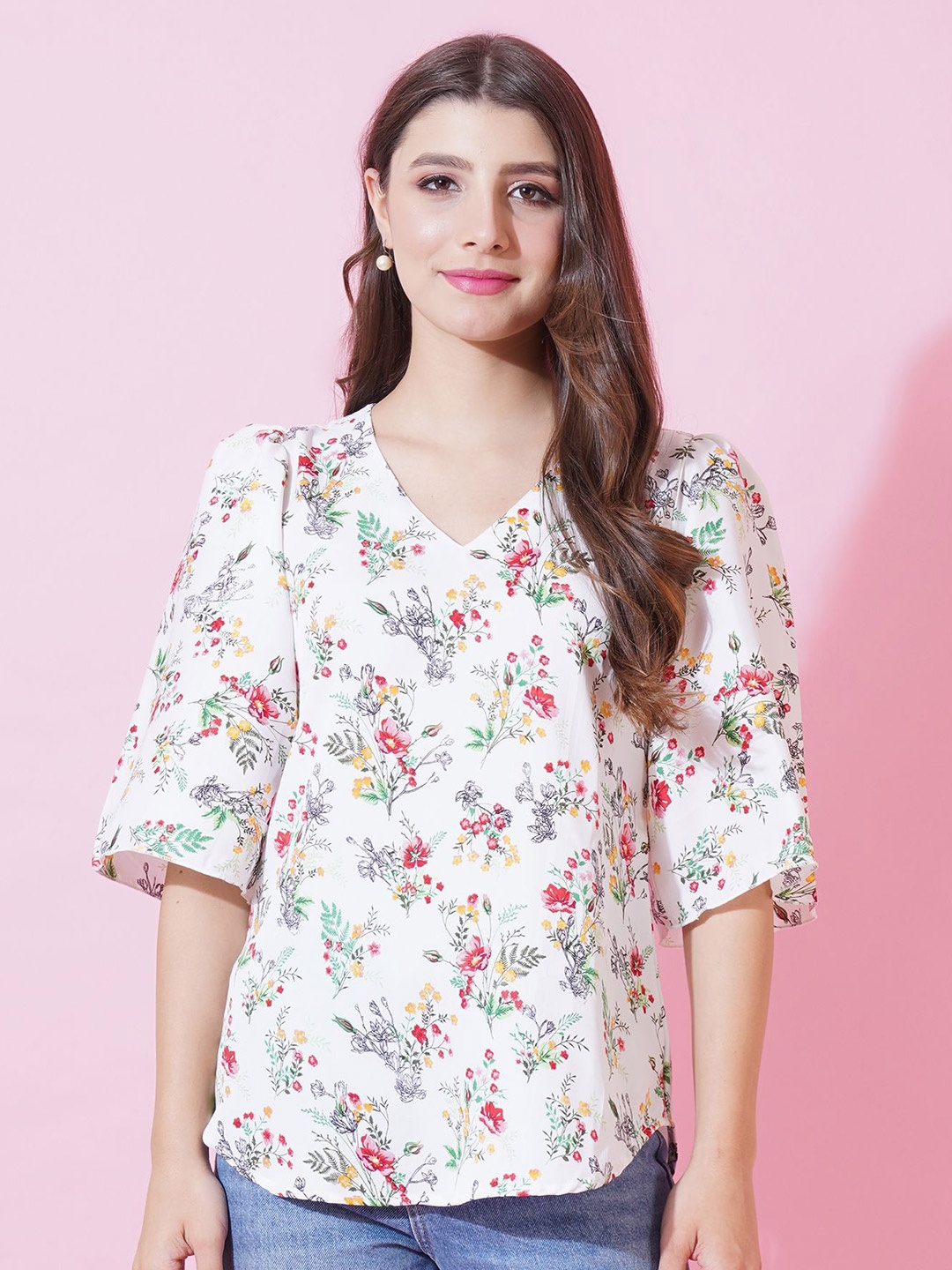 

Curvydrobe Floral Print Bell Sleeve Crepe Top, White