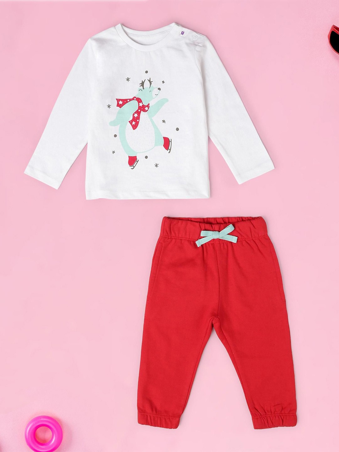 

Babies R Us Girls Geometric Printed Pure Cotton Round Neck T-shirt And Joggers, White