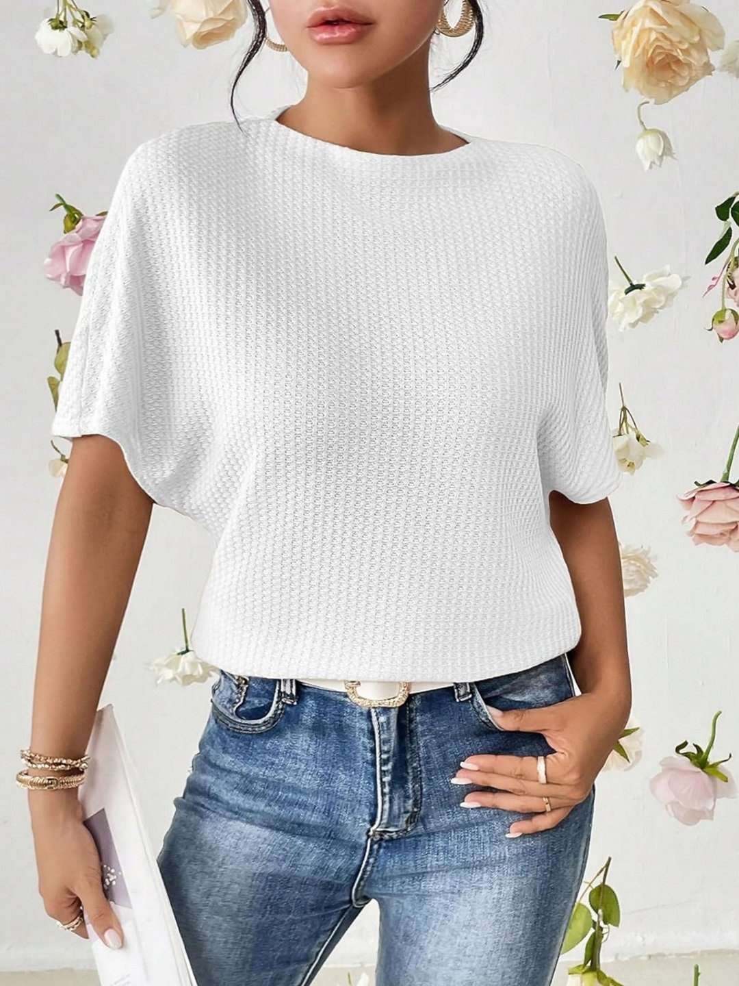 

Fashion2wear Women Self Design Round Neck Cotton T-shirt, White