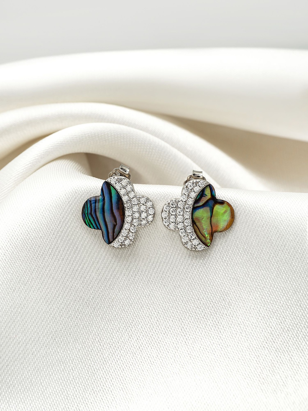 

SILBERRY 925 Sterling Silver Rhodium-Plated Cubic Zirconia & Crystal Studded Clover Studs