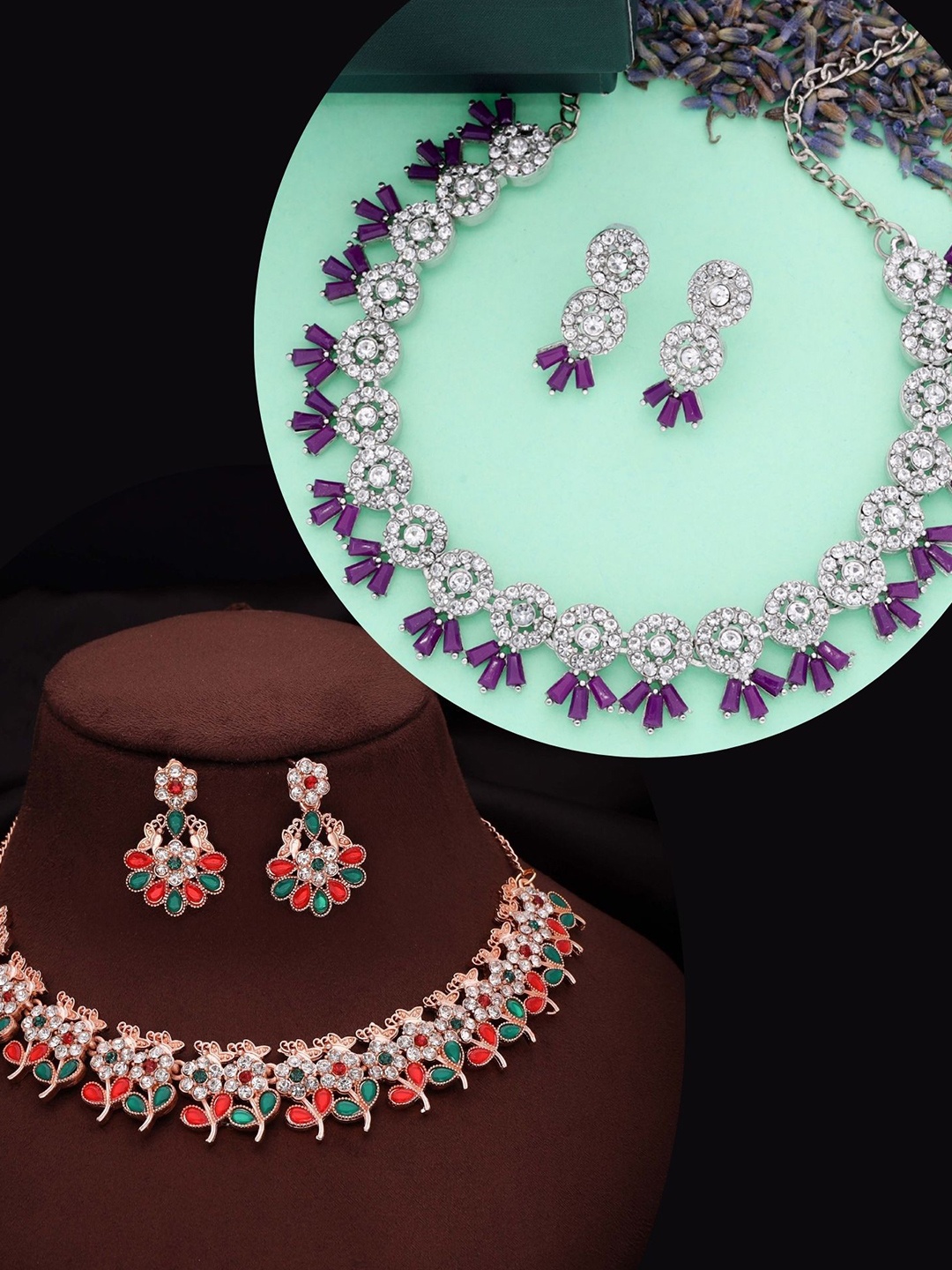 

DIVASTRI Set Of 2 Silver Plated American Diamond Studded Necklace And Earrings, Gold