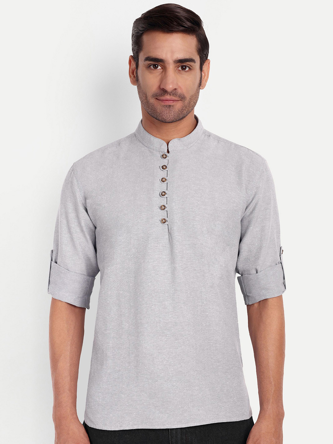 

LIFE ROADS Mandarin Collar Collar Roll-Up Sleeves Pure Cotton Short Kurta, Grey