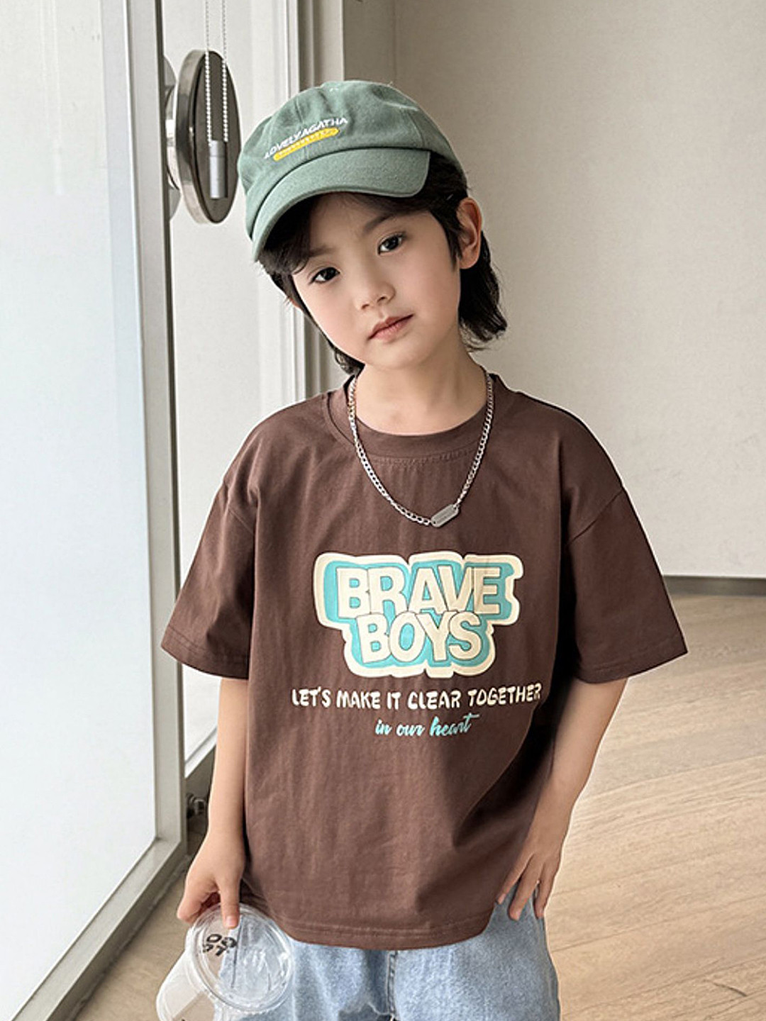 

LULU & SKY Boys Typography Printed Round Neck Cotton T-shirt, Brown