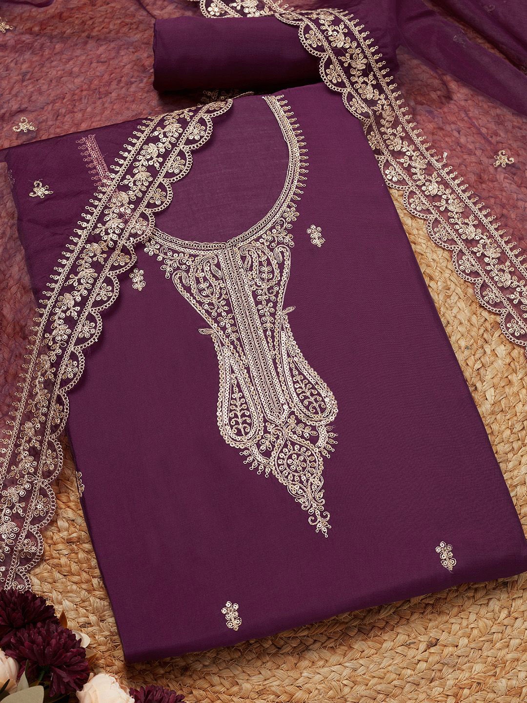 

Soch Paisley Embroidered Sequinned Modal Silk Unstitched Dress Material, Purple