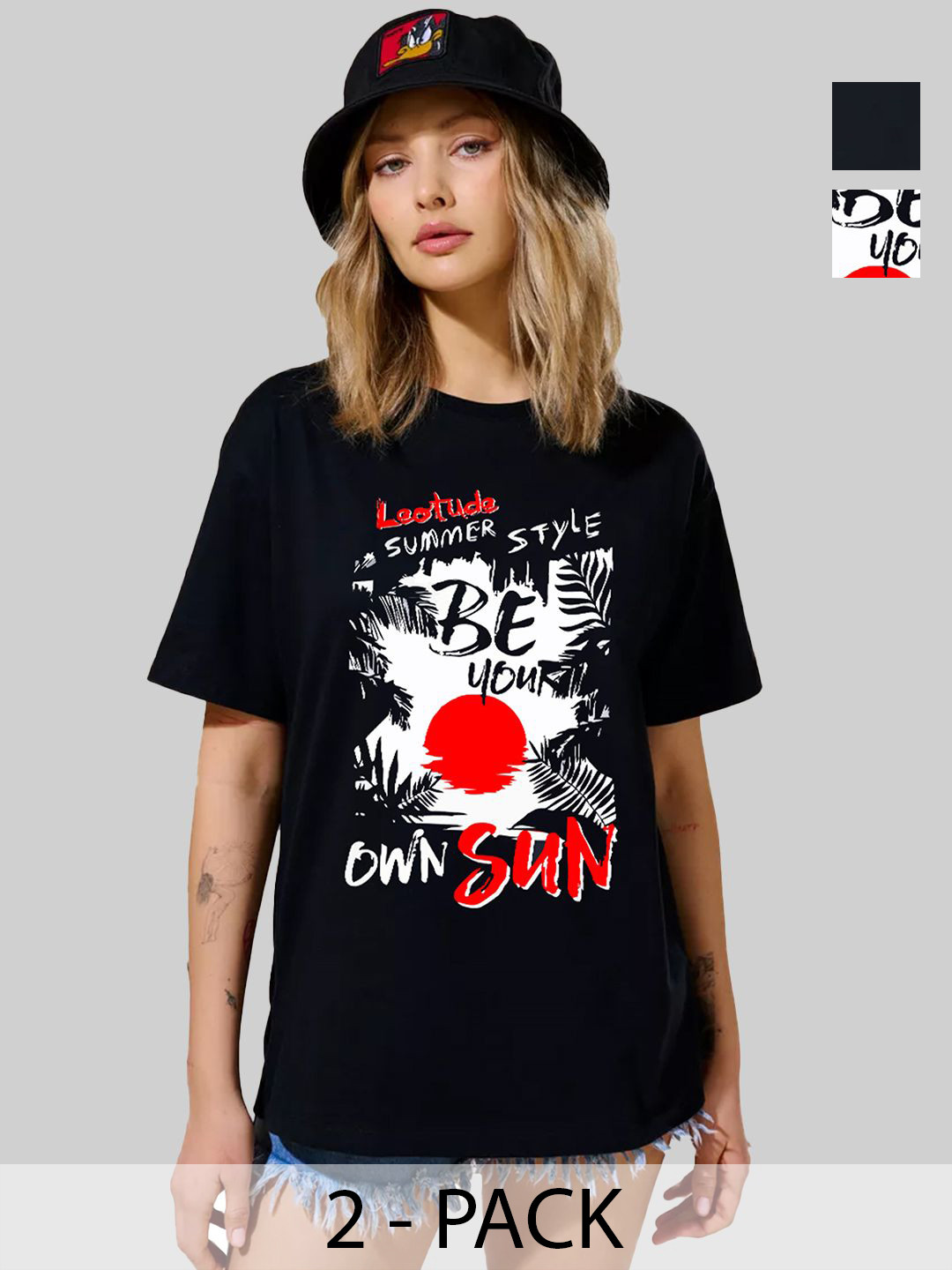 

Leotude Women Pack Of 2 Graphic Printed Round Neck Cotton Oversized T-shirts, Black