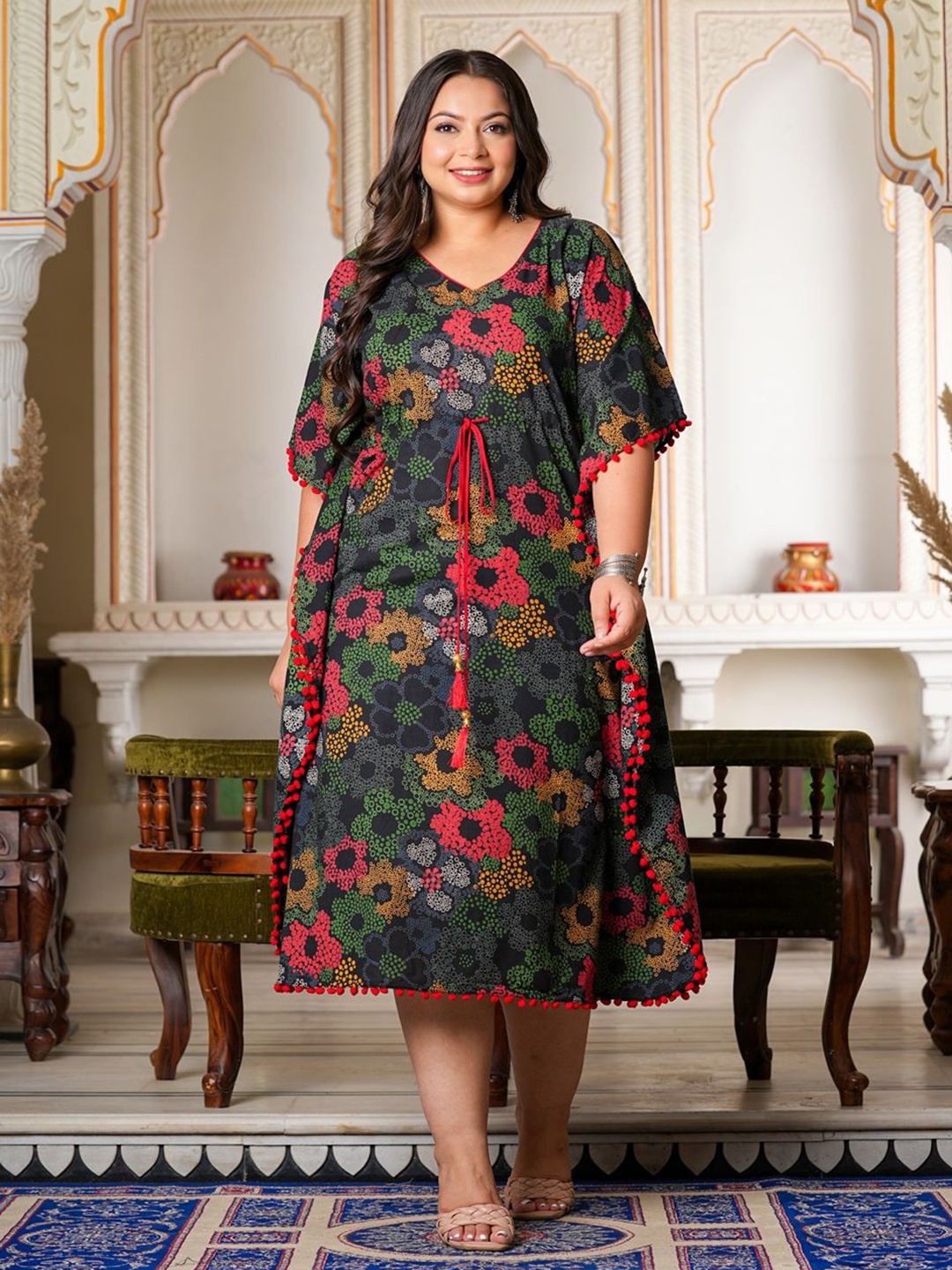 

YASH GALLERY Floral Print Kaftan Midi Dress, Black