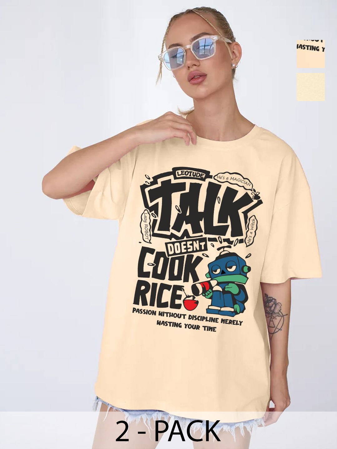 

Leotude Women Pack Of 2 Graphic Printed Round Neck Cotton Oversized T-shirts, Beige