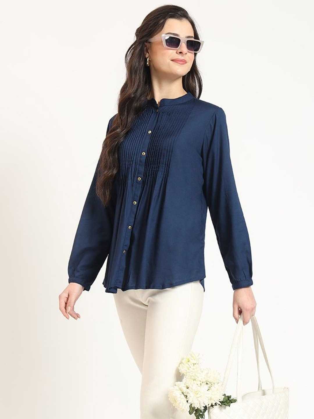 

Divena Mandarin Collar Top, Navy blue