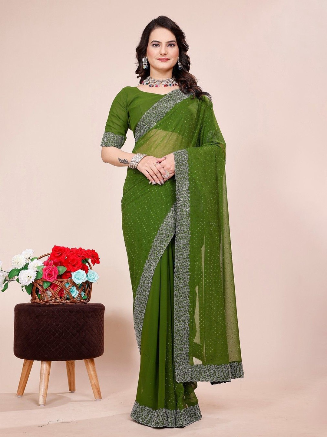 

K 5 Fashion Embellished Beads and Stones Pure Georgette Saree, Green