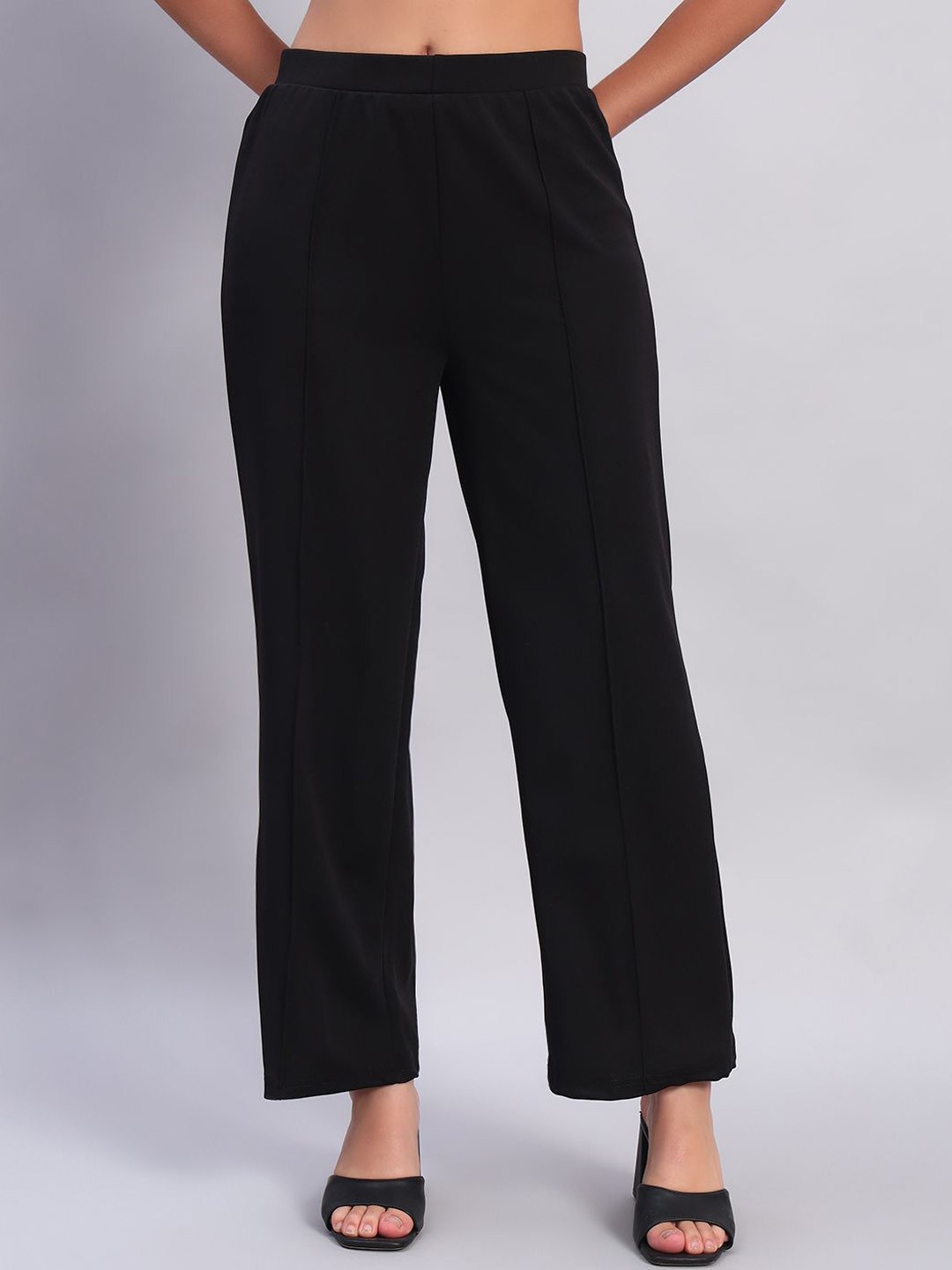 

DIZON Women Striped Original Straight Fit Easy Wash Trousers, Black
