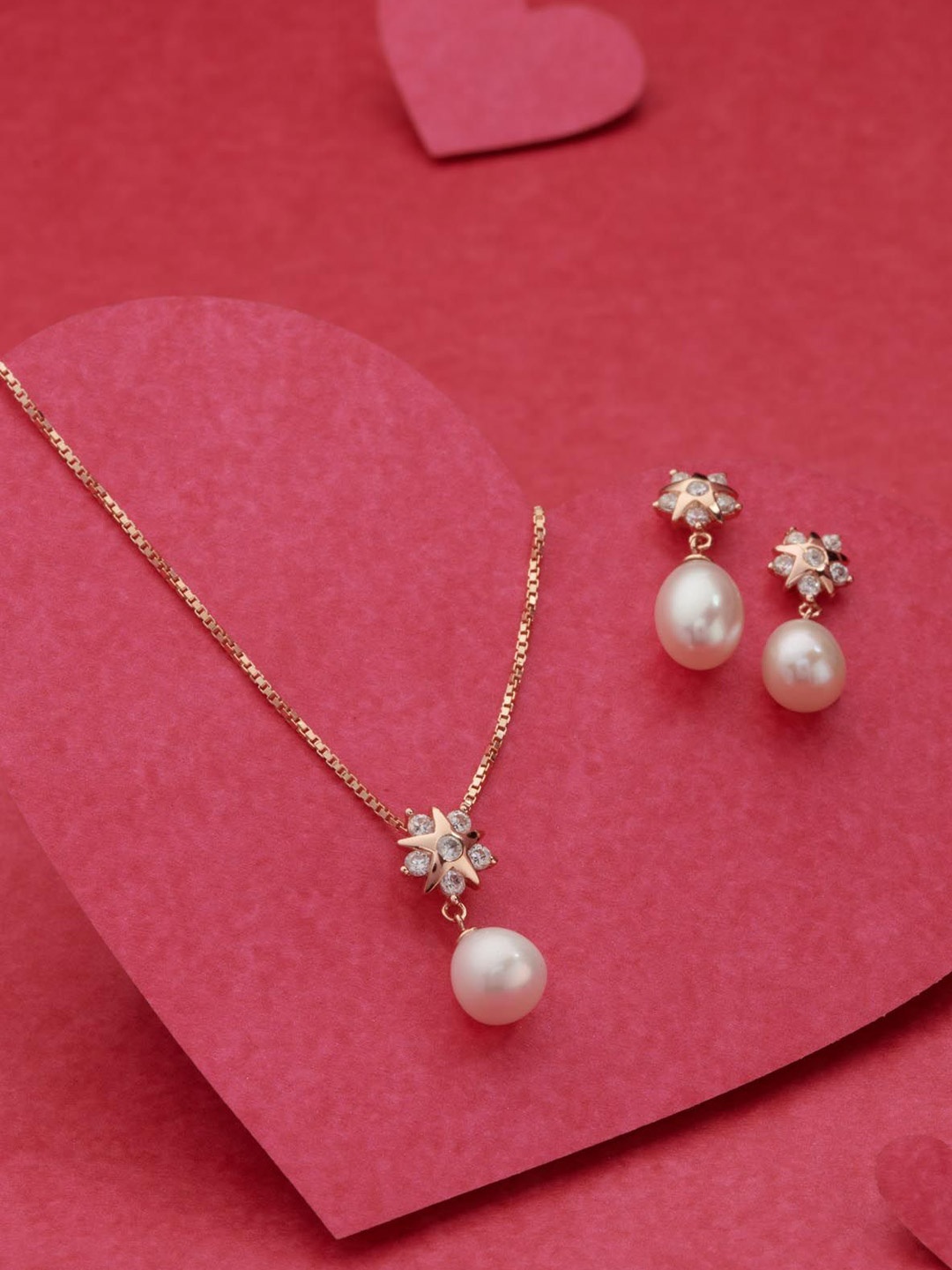 

Gargi by P. N. Gadgil & Sons 925 Sterling Silver Stones-Studded & Beaded Jewellery Set, Rose gold