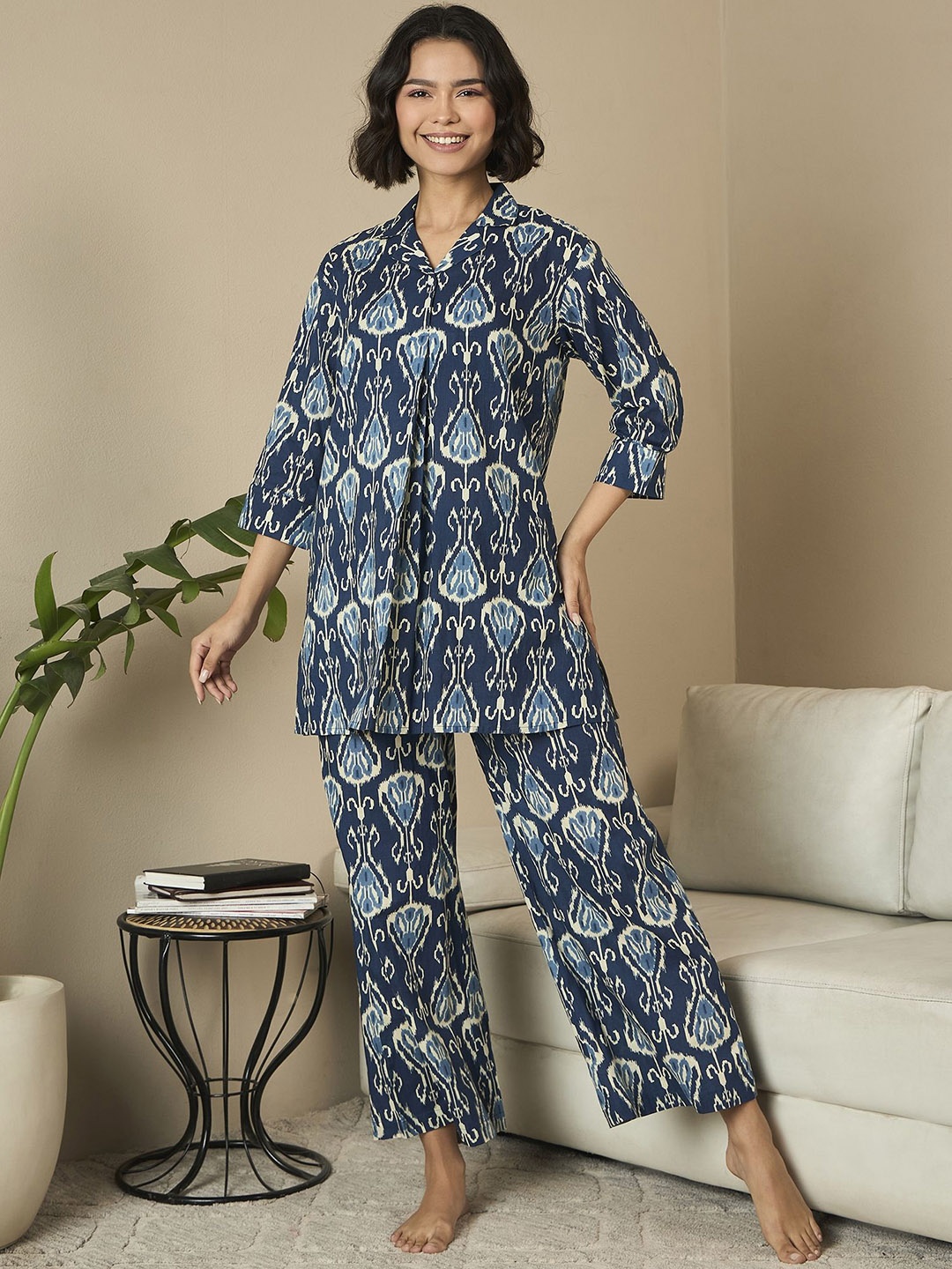 

July Women Printed Night suit, Navy blue