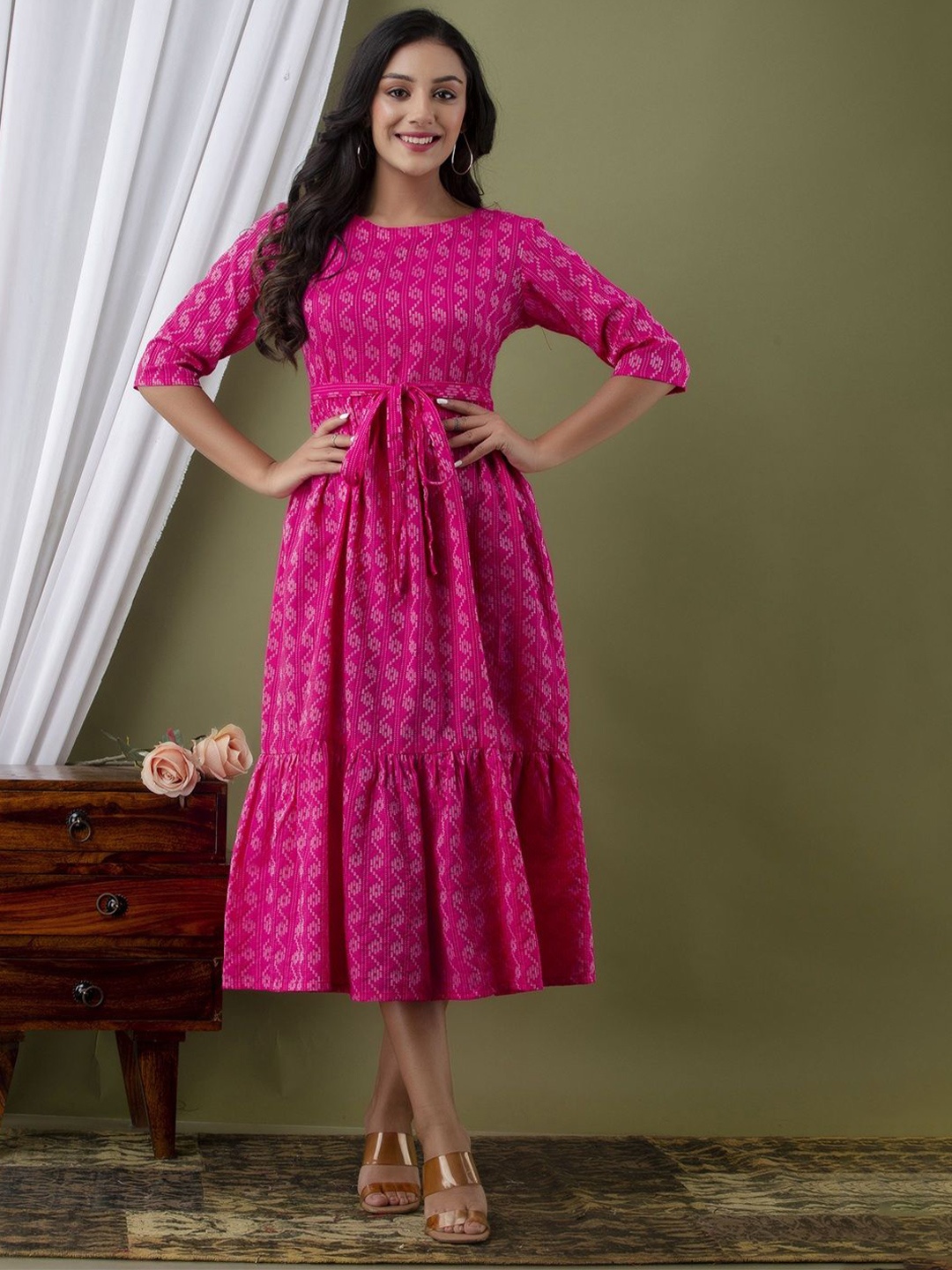 

Demirner Print Fit & Flare Midi Dress, Pink