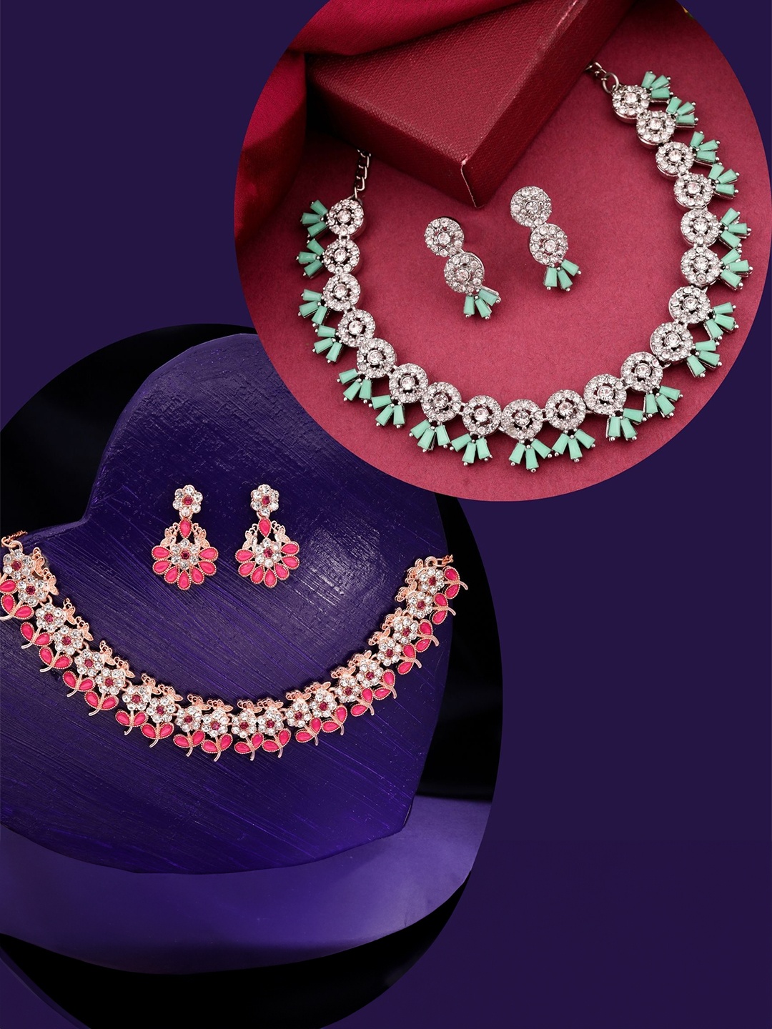 

DIVASTRI Set Of 2 Rose Gold & Silver-Plated American Diamonds Studded Jewellery Set