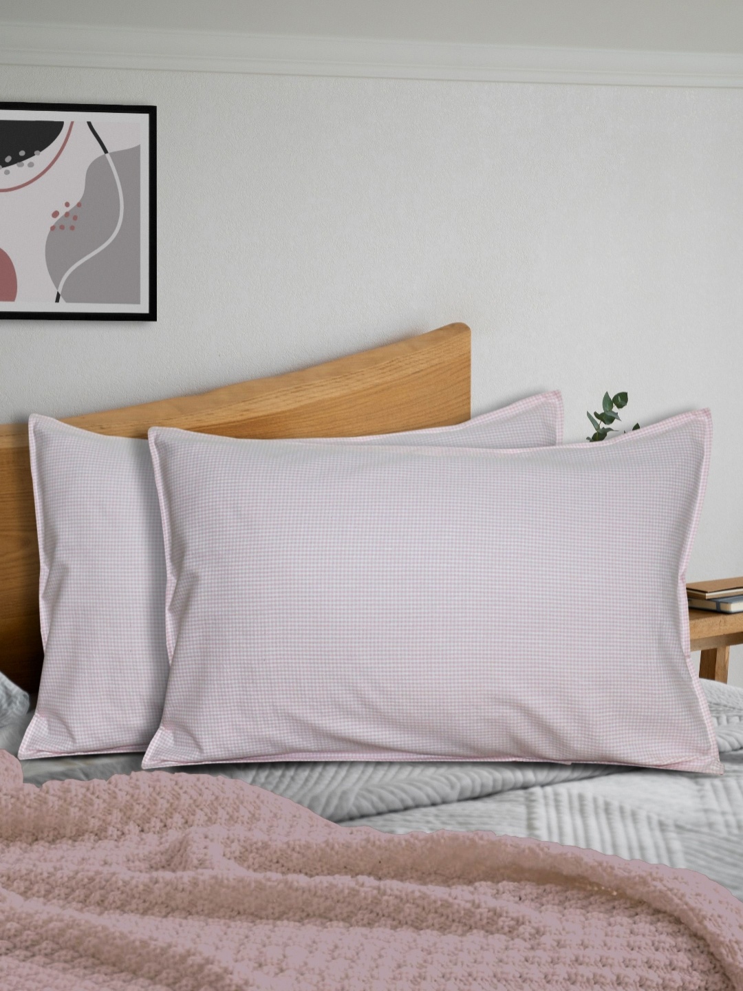 

HOME COLORS.IN Pink & White 2 Pieces Checked Pure Cotton Rectangle Pillow Covers