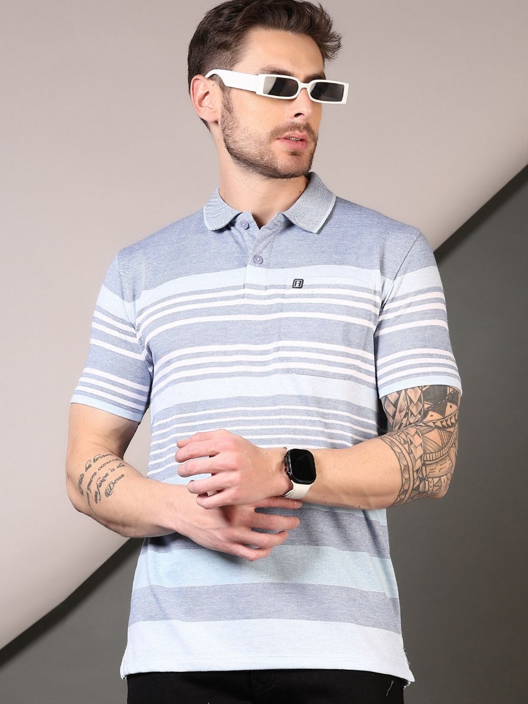

V-Mart Men Striped Polo Collar Cotton T-shirt, Blue