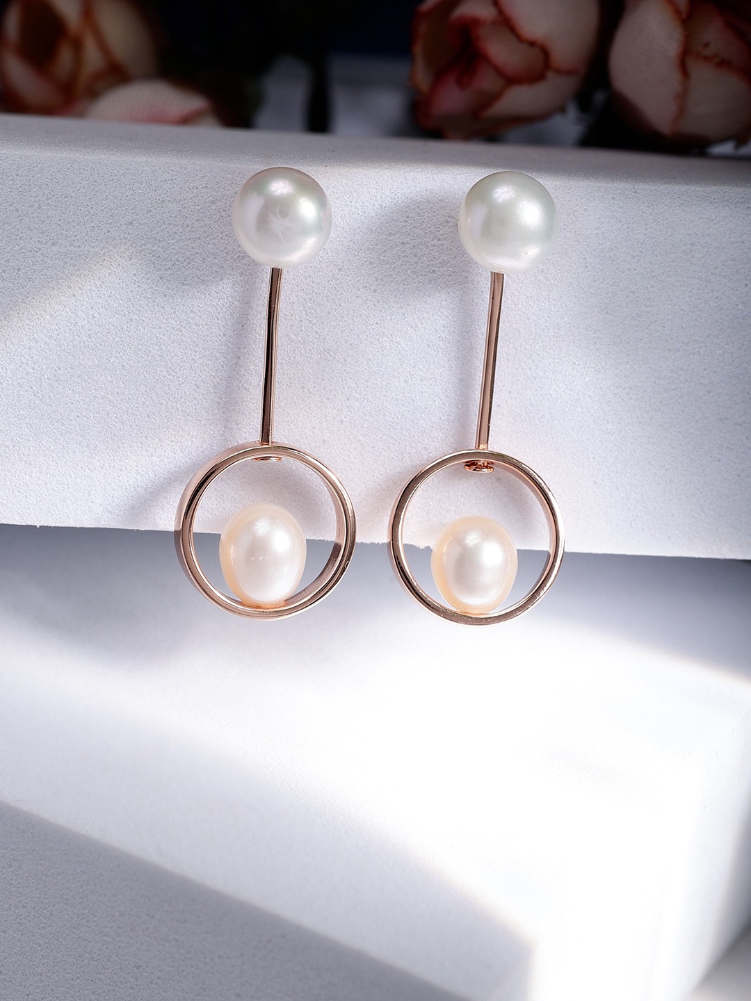 

DIAVO Rose Gold-Plated Artificial Pearls Studded Contemporary Shaped Drop Earrings