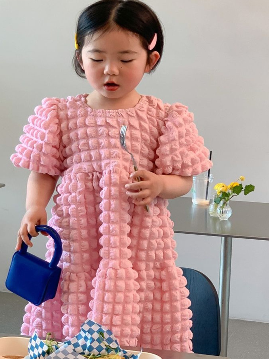

LULU & SKY Girls Pink Empire Waffle-texture Dress