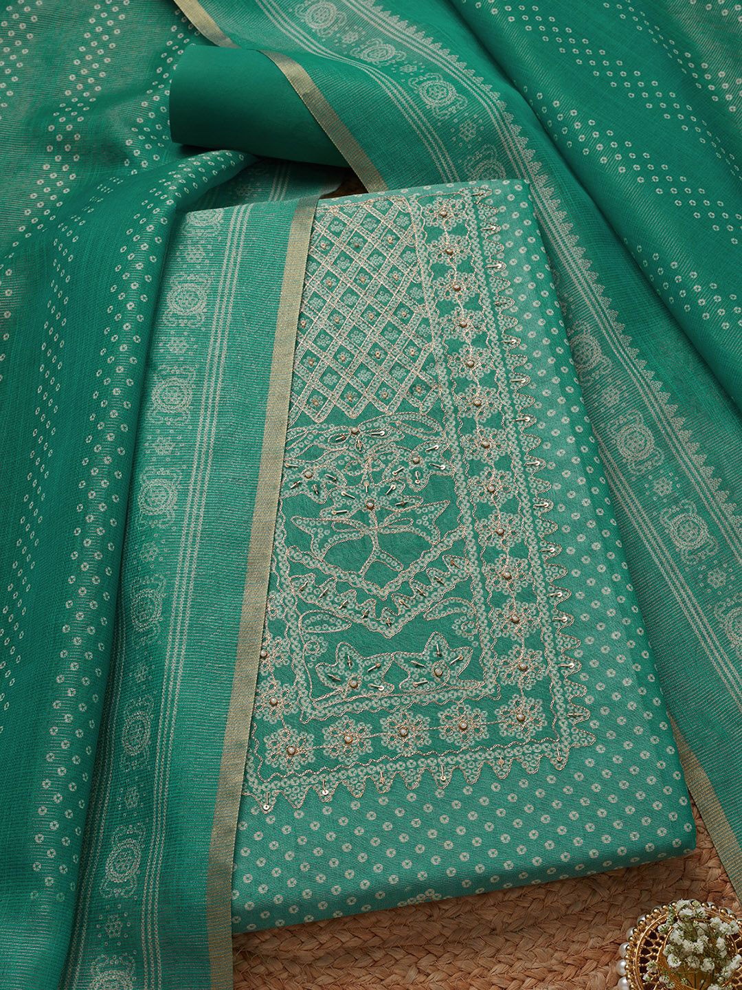 

Soch Printed Unstitched Dress Material, Turquoise blue