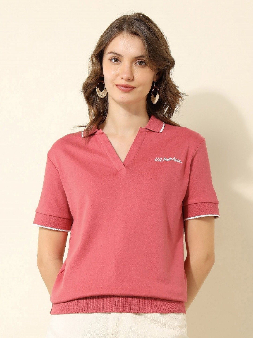 

U.S. Polo Assn. Women Solid Polo Collar Cotton T-shirt, Pink