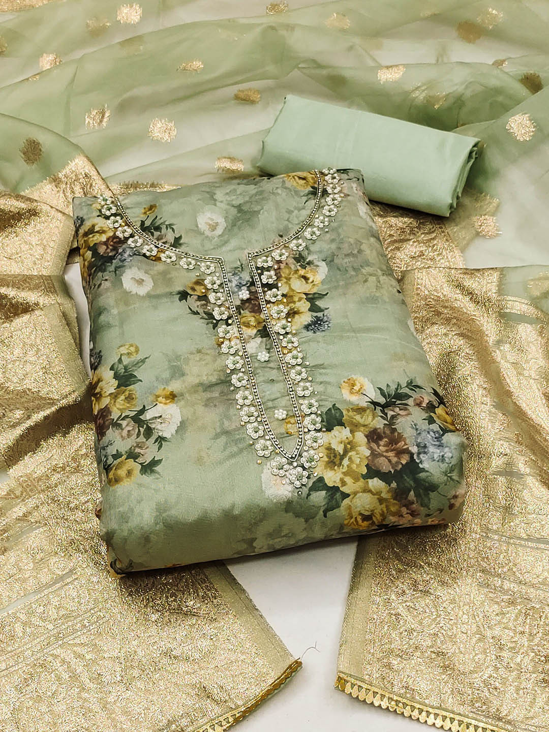 

SAINOOR Floral Printed Beads And Stones Organza Semi-Stitched Dress Material, Sea green