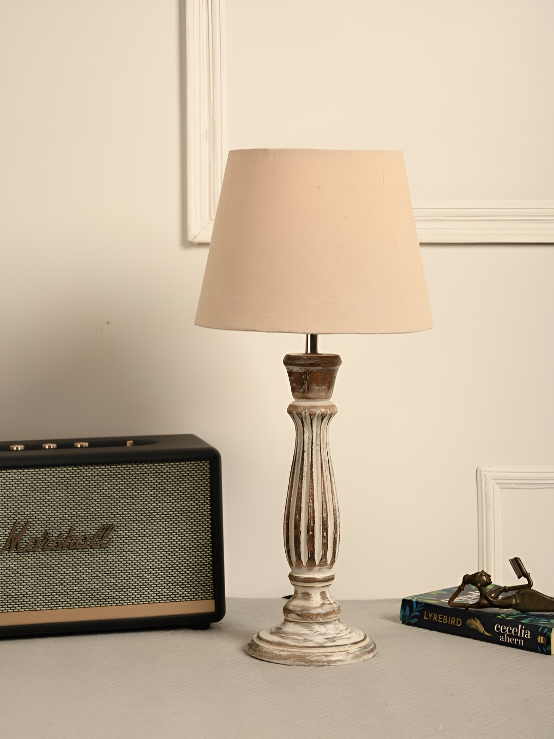 

green girgit Beige & Brown Frustum Shaped Wooden Table Lamp With Bulb