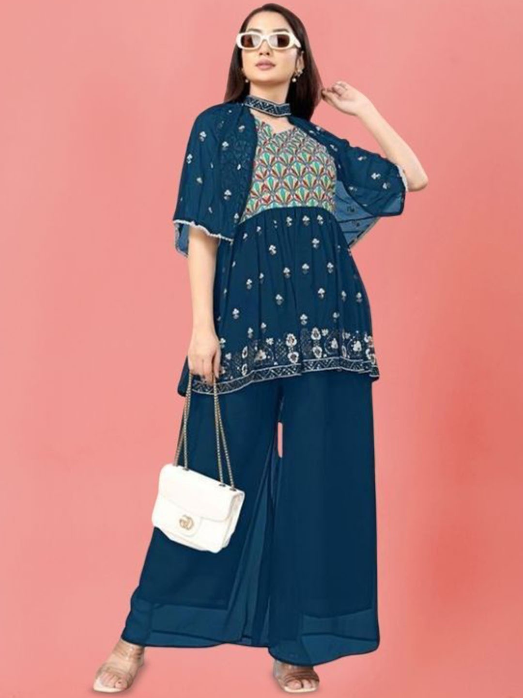 

PARROT CREATION Floral Embroidered V-Neck Sequinned A-Line Kurti With Palazzo And Cape, Teal