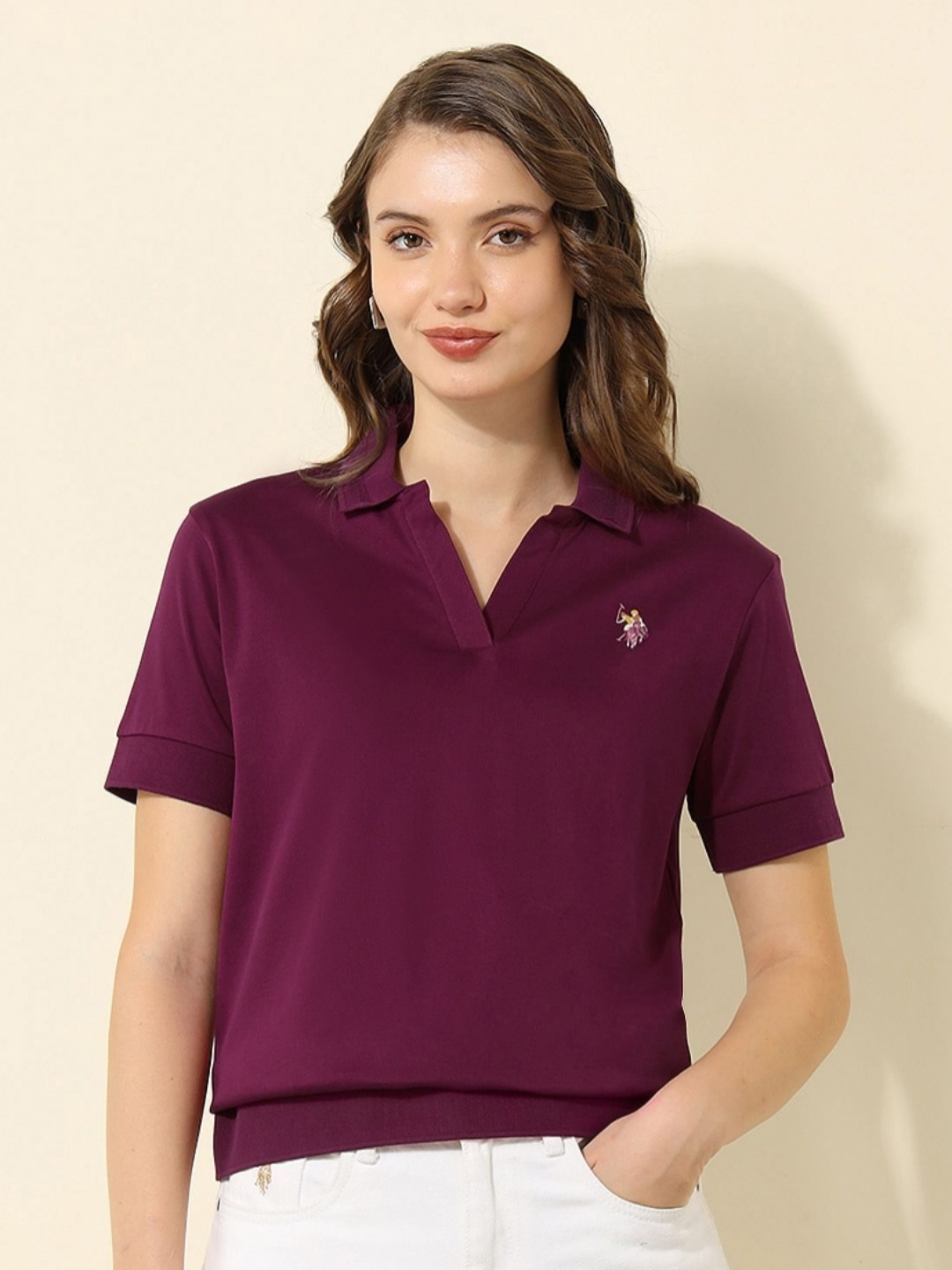 

U.S. Polo Assn. Women Solid Polo Collar Cotton T-shirt, Burgundy