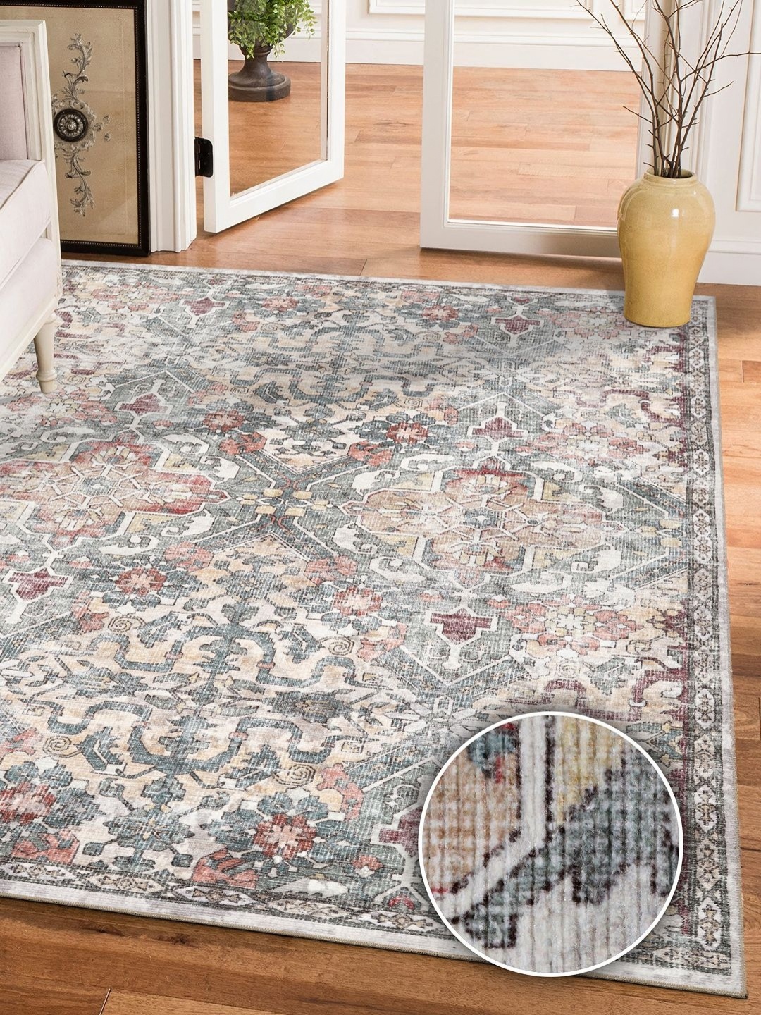 

Kaleen India Grey & Rust Ethnic Motifs Printed Traditional Rectangle Anti-Skid Carpet