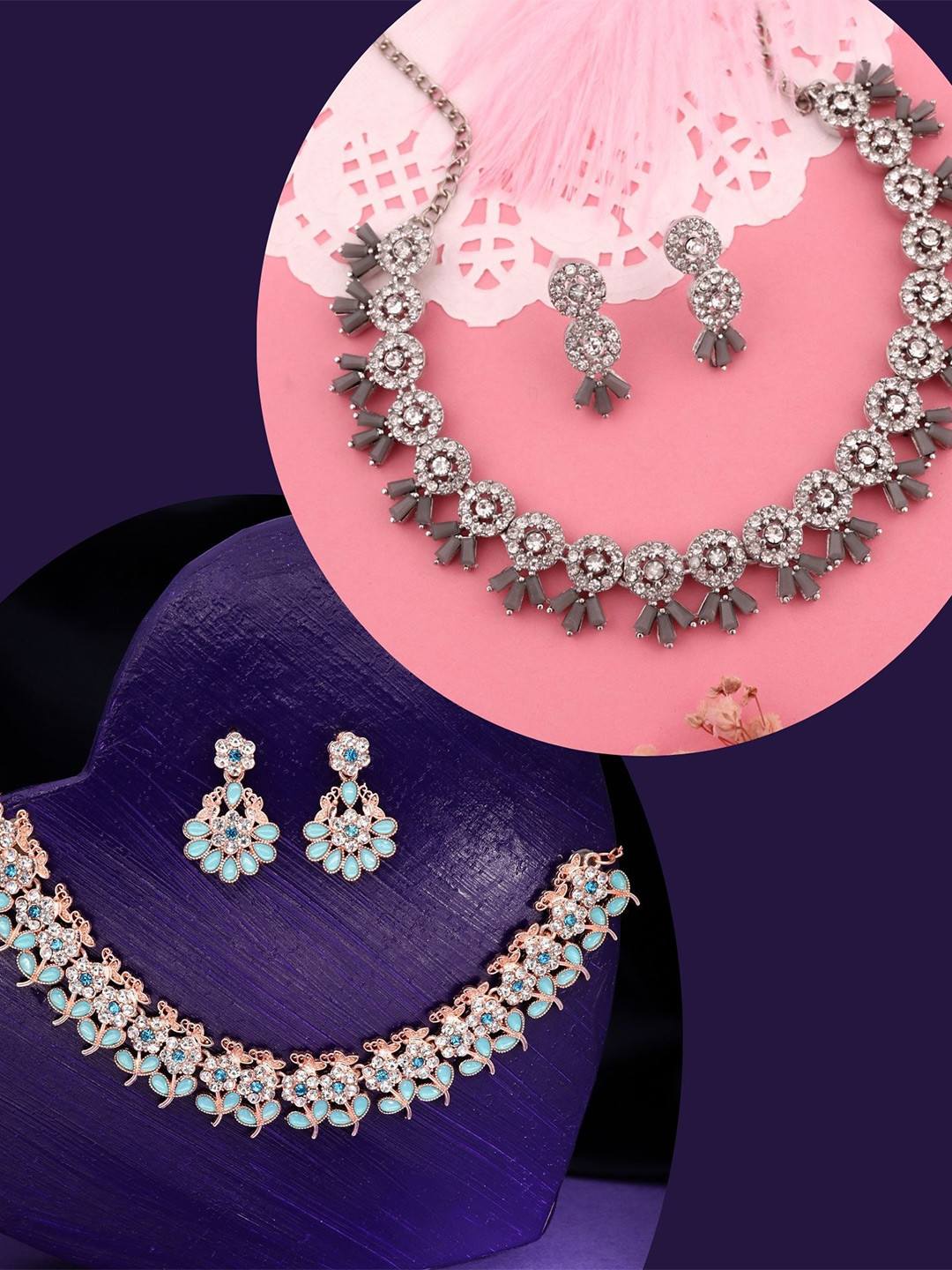 

DIVASTRI Set Of 2 Silver-Plated American Diamond Stone Studded Jewellery Set